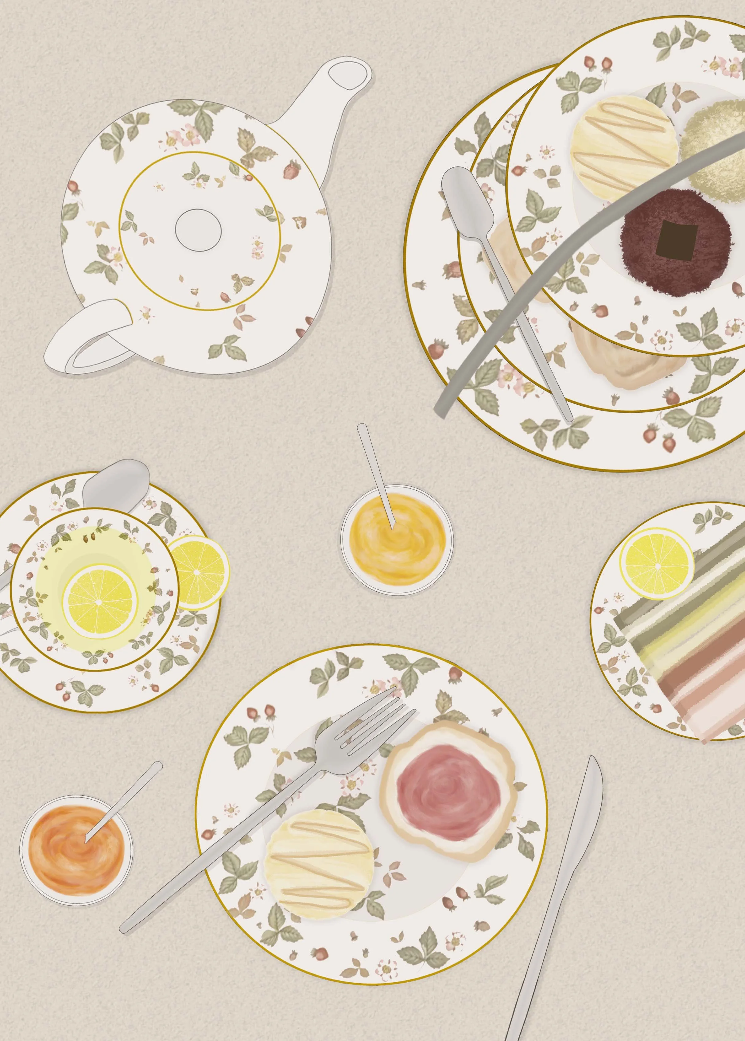 Table with floral dishware, plates of food, lemon slices, and beverages with straws.