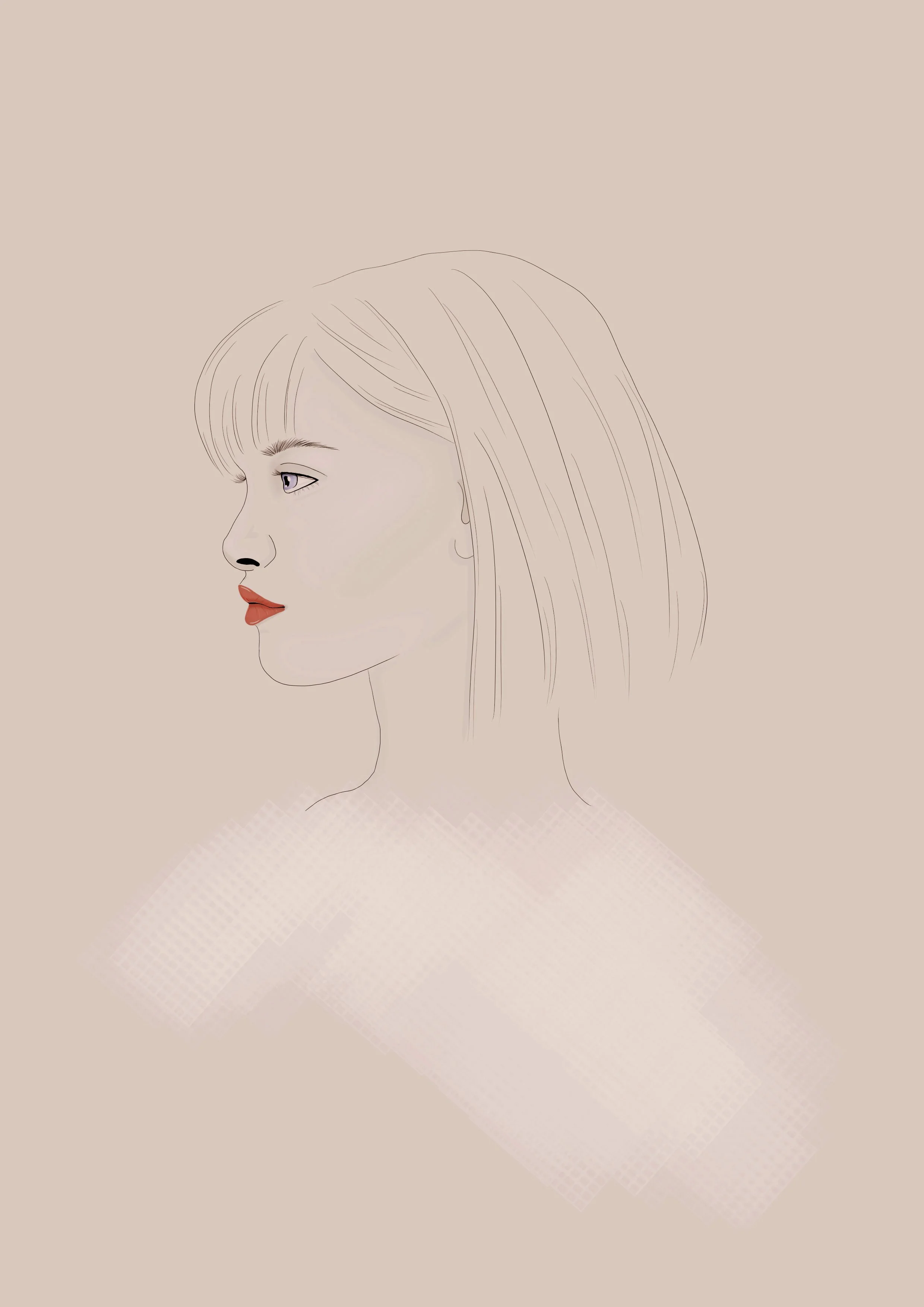 A digital illustration of a woman's side profile with long hair, red lipstick, and subtle makeup, set against a plain beige background.
