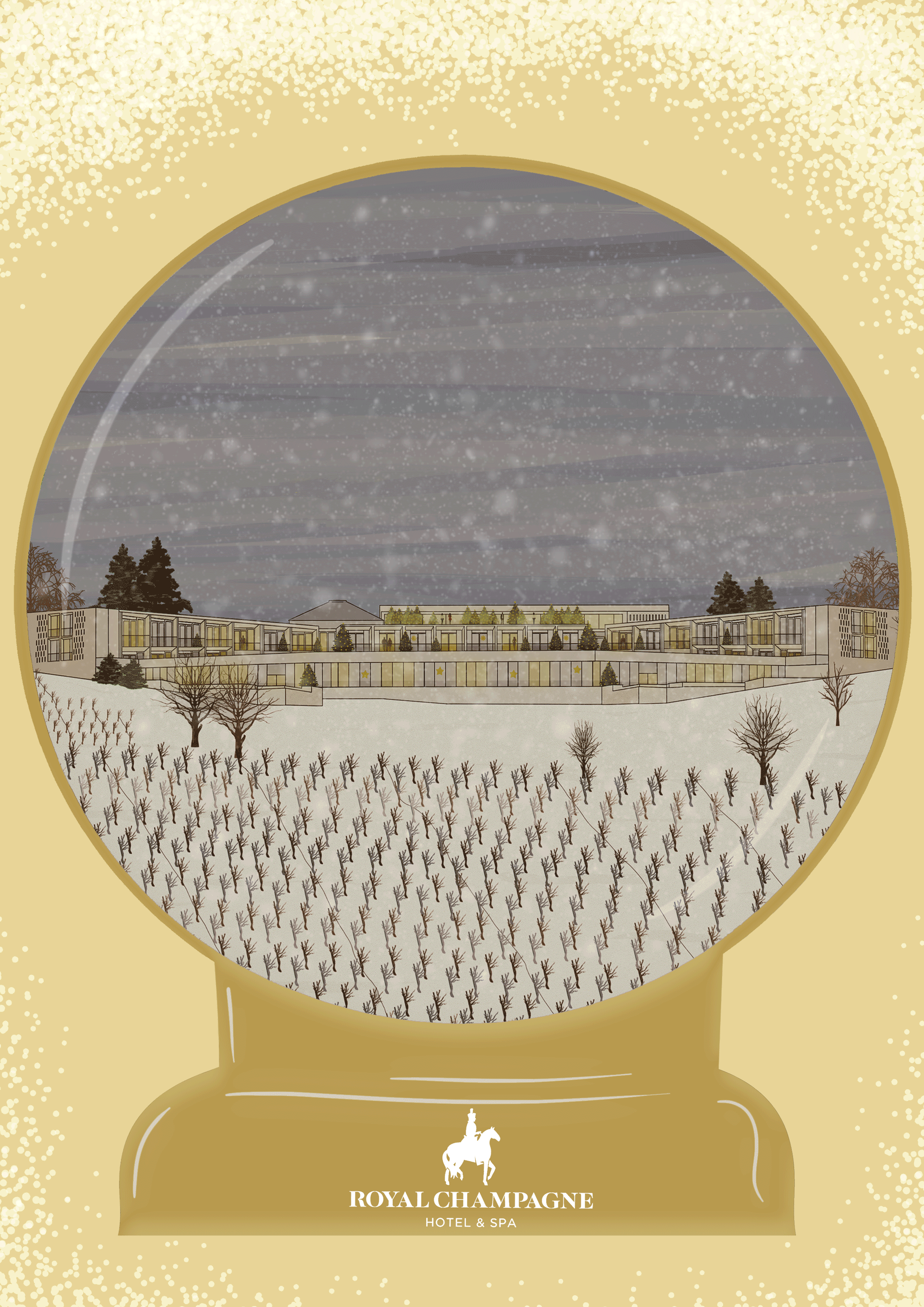 A champagne bottle with a gold label and the text "Royal Champagne Hotel & Spa" with a silhouette of a horse and rider logo. The background shows a snow-covered landscape with trees and a building, viewed through a circular window with snowfall outside.