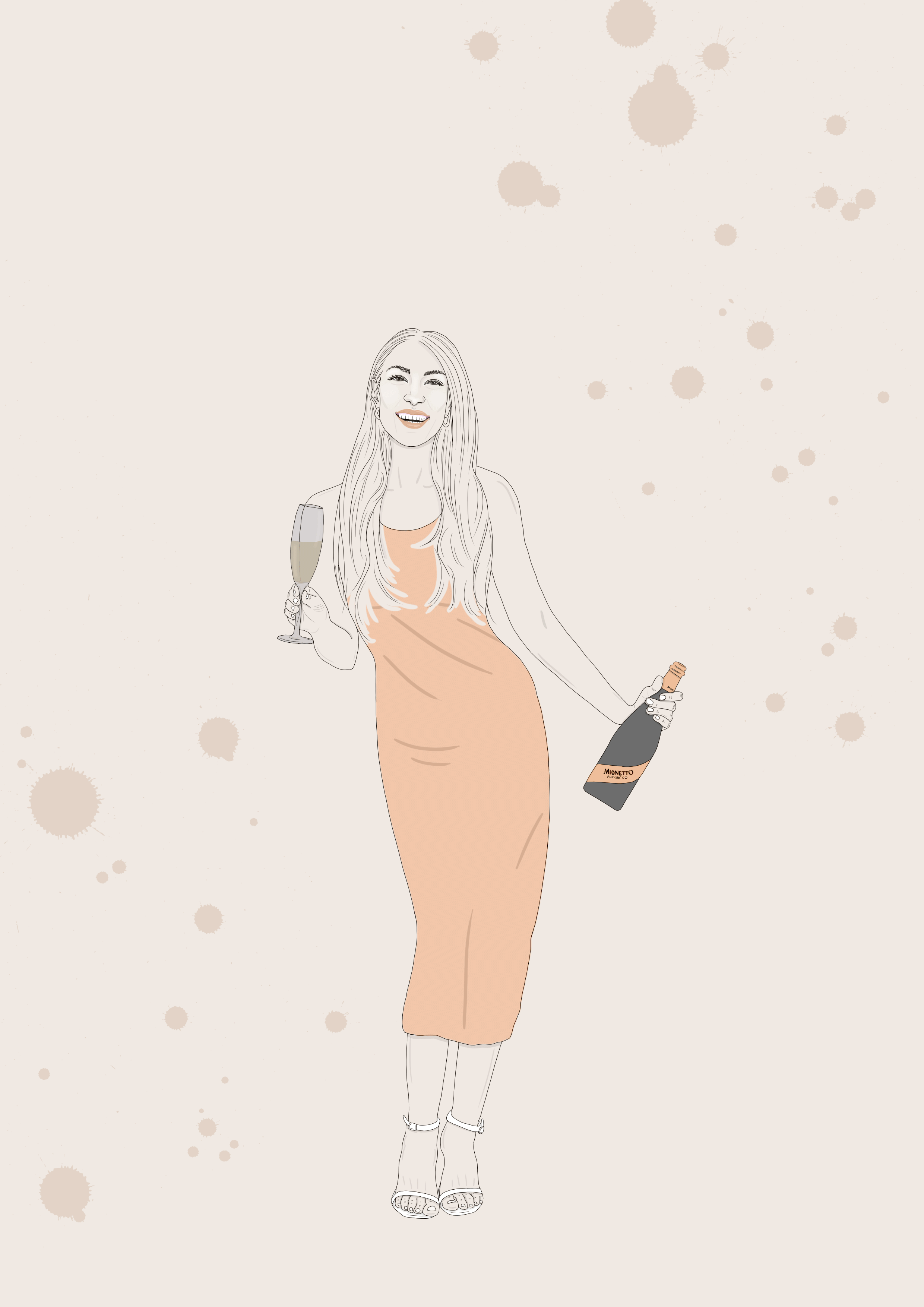 A woman with long hair holding a glass of champagne and a bottle of champagne, wearing a peach-colored dress and white high heels, smiling.
