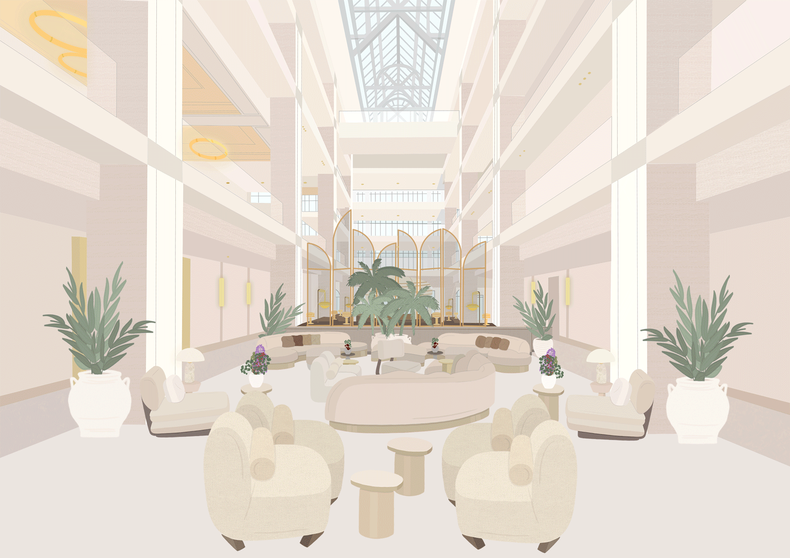 A spacious hotel lobby with high ceilings, a large skylight, and multiple floors visible through open balconies. The lobby features white and beige seating areas, potted plants, and decorative lighting fixtures, creating an elegant and airy atmosphere.