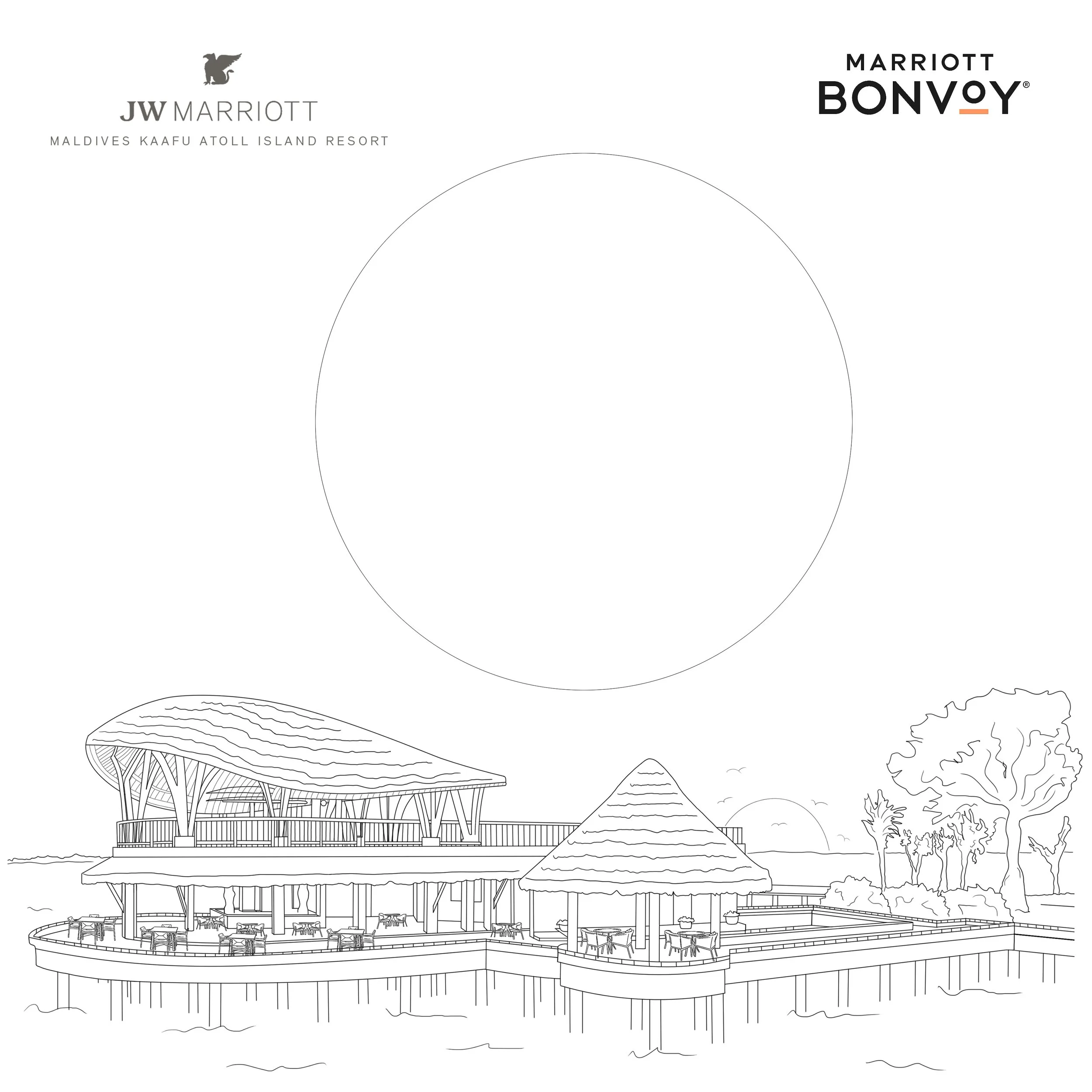 Outline of a multi-level resort building with outdoor seating areas, surrounded by trees, with the sky in the background.