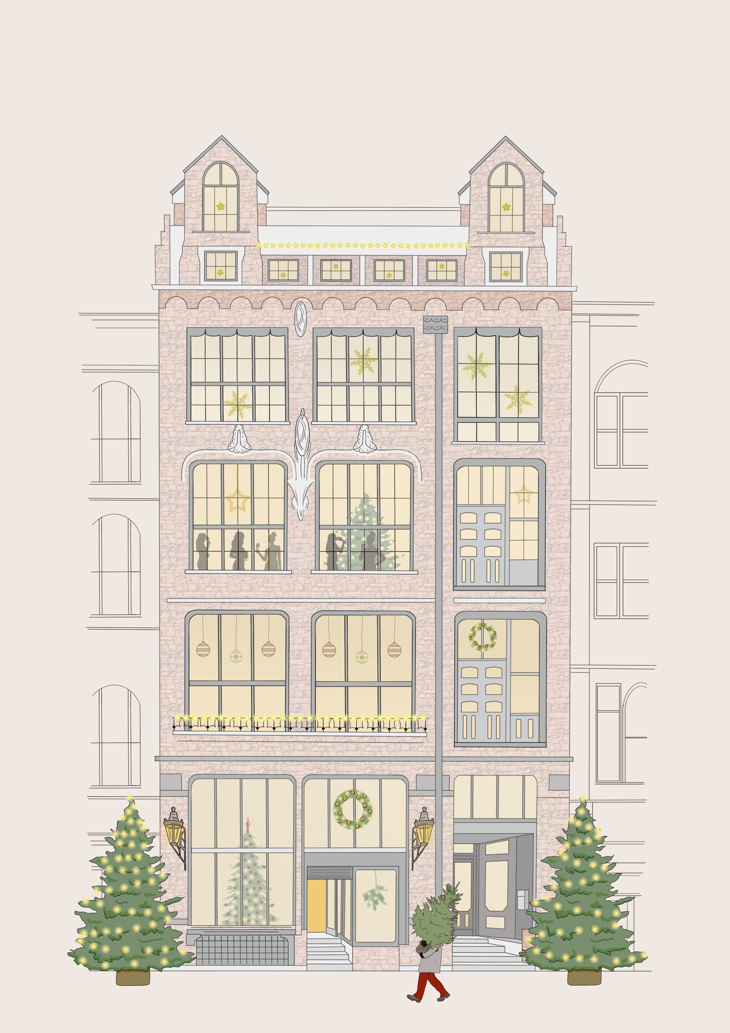 A multi-story building decorated for Christmas with large windows, Christmas trees, wreaths, and snowflake ornaments. Silhouettes of people inside are visible through the windows, and a person is walking on the sidewalk outside.