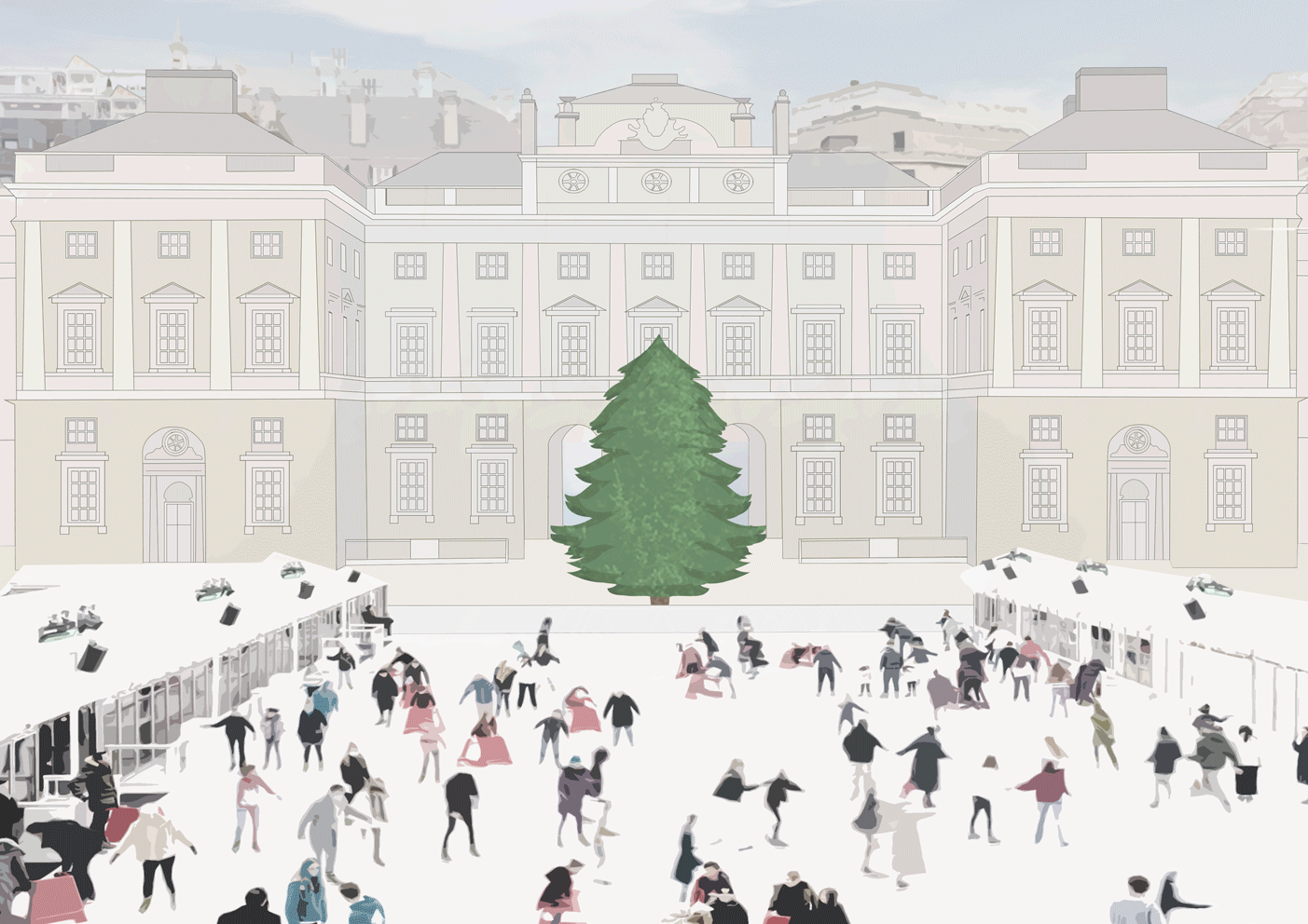 An outdoor ice skating rink filled with people skating, surrounded by snow, with a large Christmas tree in the center and a historic building in the background.