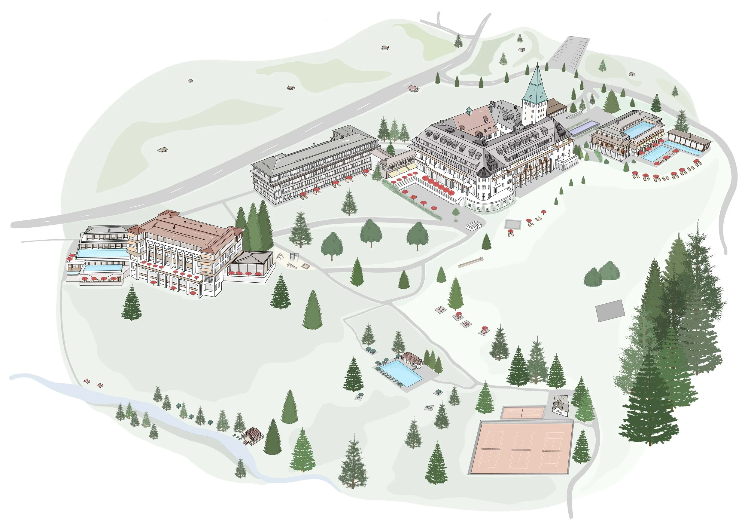 A detailed illustrated map of a resort or hotel complex set in a green mountainous area, featuring multiple large buildings, swimming pools, tennis courts, parking lots, and numerous trees.
