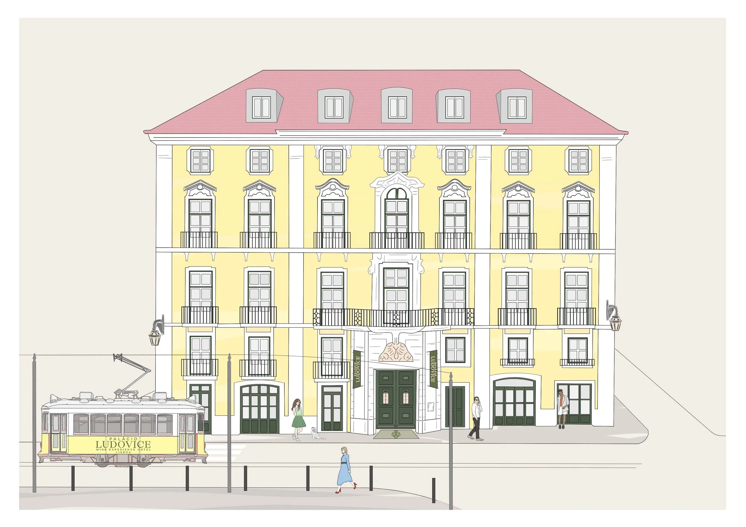 Illustration of a yellow multi-story building with ornate windows, balconies, and a central entrance, with a tram labeled 'Palacio LuDvice Wine Experience Hotel' on the street in front, and a street scene including people, street lamps, and tram tracks.