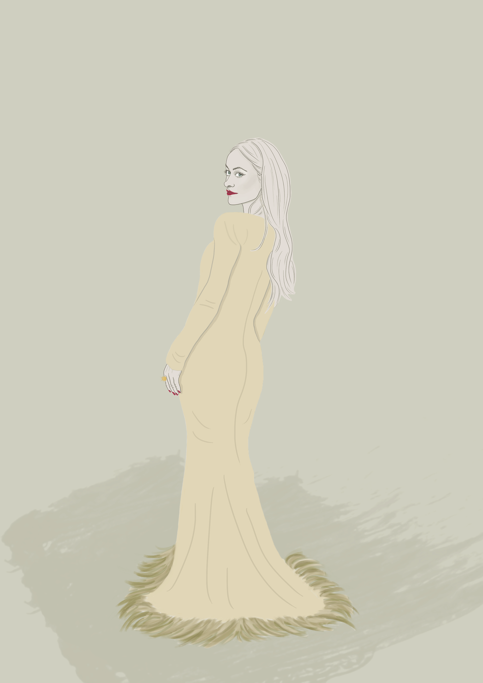 A woman with long, wavy blonde hair wearing a fitted beige gown with long sleeves and a fur trim at the hem, standing on a neutral background. She is looking over her shoulder with a confident expression, wearing red lipstick and minimal makeup.