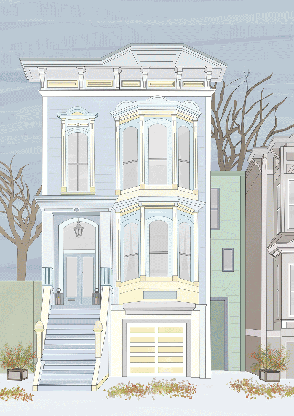 Illustration of a three-story Victorian-style house with a staircase leading to the front door, large bay windows, and a light color palette, surrounded by leafless trees and flower beds.