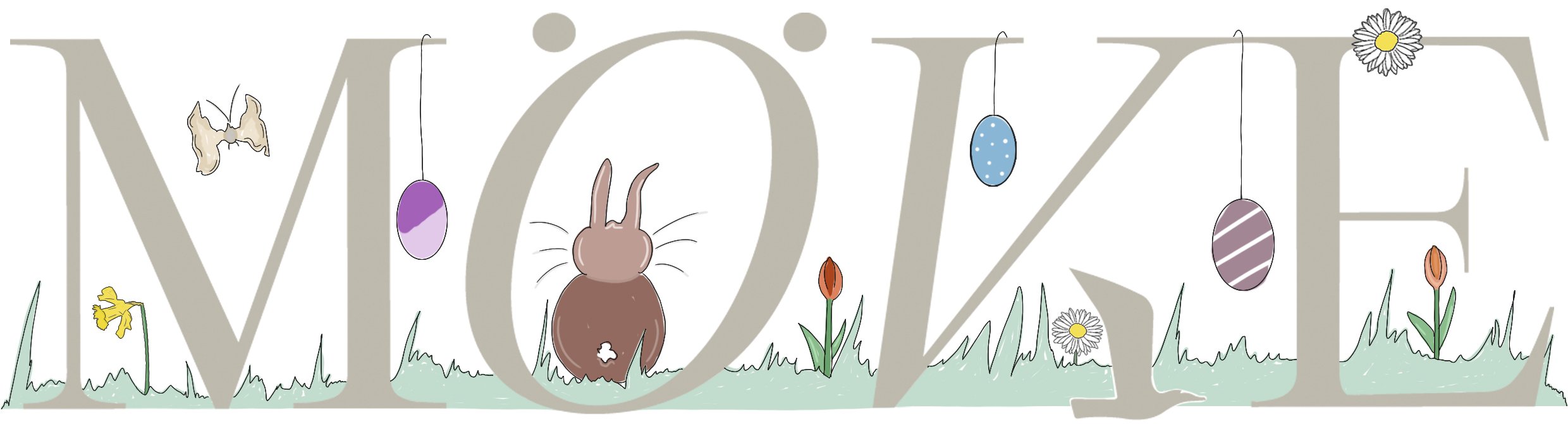 A decorative Easter-themed illustration spelling 'Mother' with pastel-colored flowers, butterflies, and hanging decorated eggs, set against a large gray 'Mother' text background.