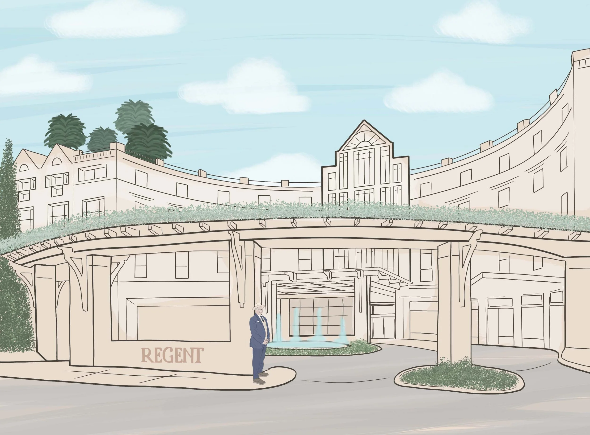 Illustration of a building with a curved facade, trees, and a man standing in front near a fountain, labeled 'REGENCY'.