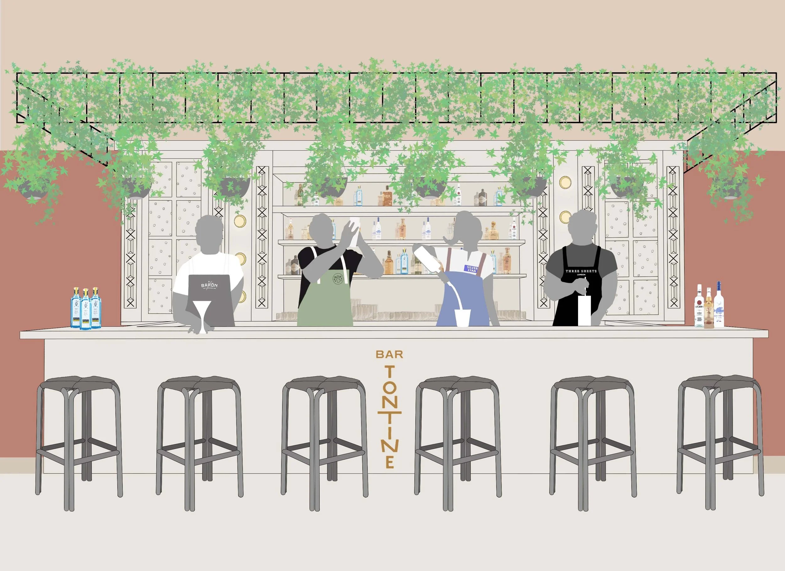 An illustration of a bar scene with three people behind the bar counter, bar stools in front, and bottles on shelves, with green plants hanging above.