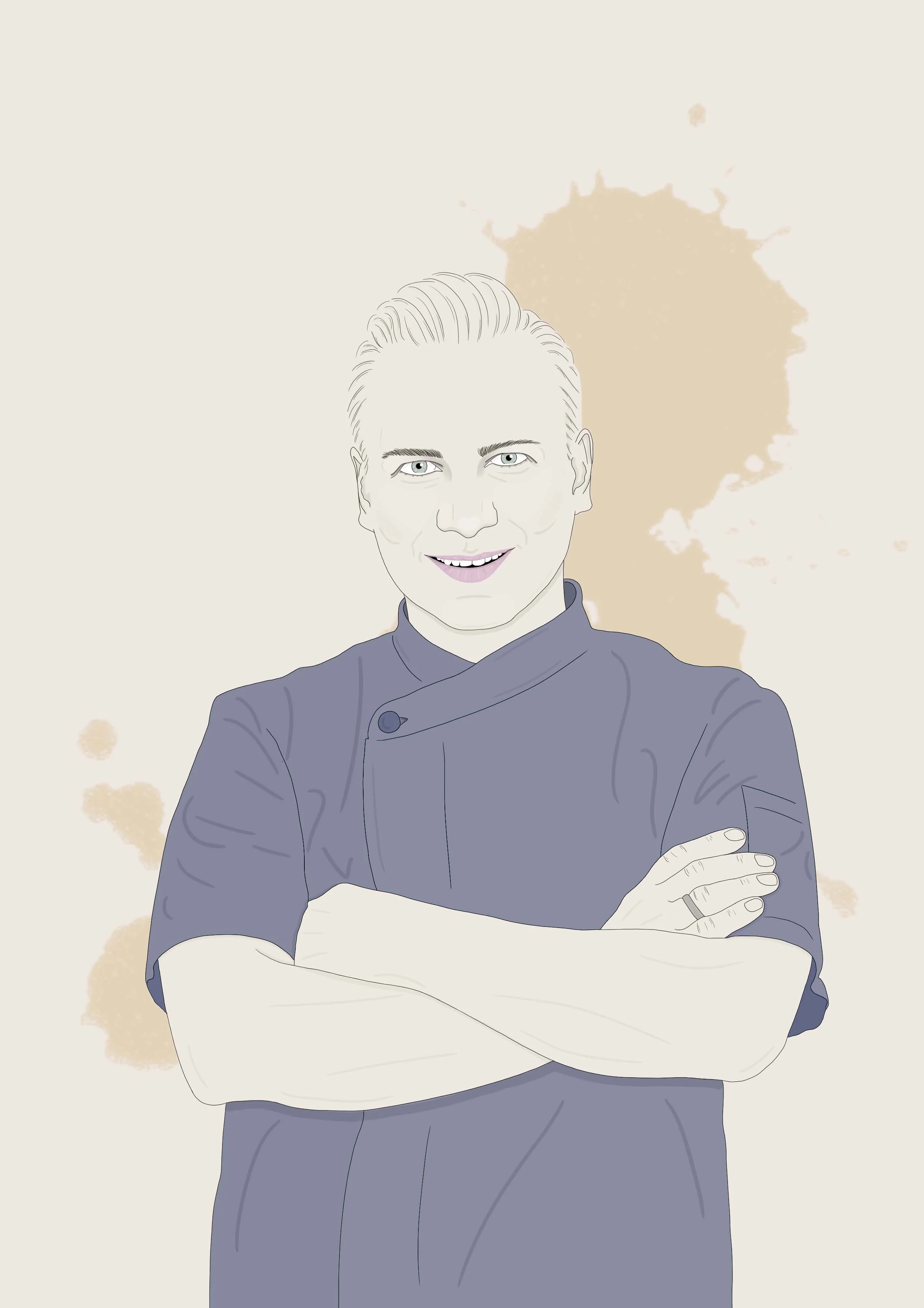A digital illustration of a smiling man with short light hair, wearing a dark chef's coat, with arms crossed over a white surface, with beige watercolor splashes in the background.