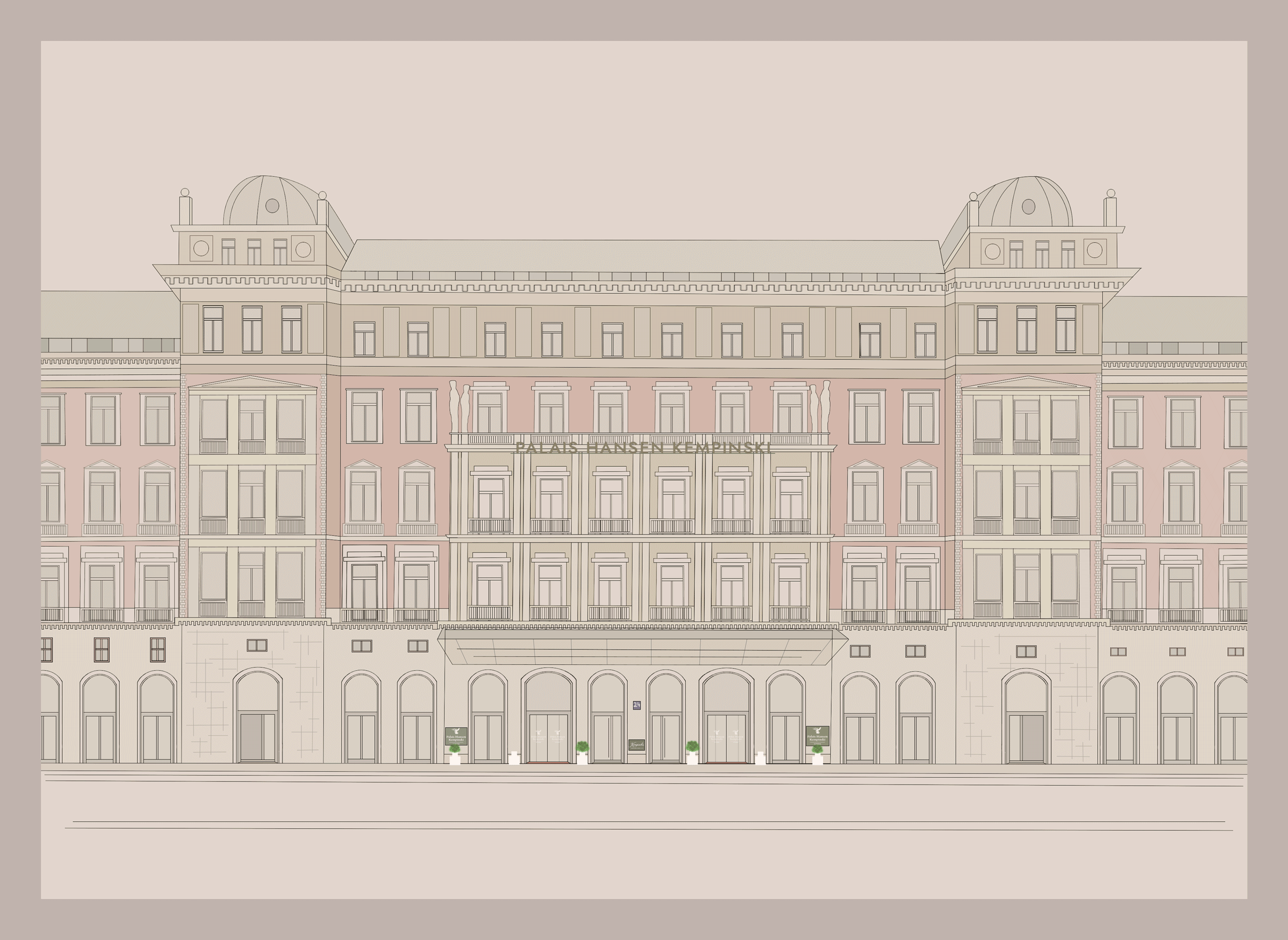Illustration of a historic building with classical architecture, labeled "Palais Hansen Kempinski," featuring symmetrical windows, balconies, and decorative elements, with a pink and beige color scheme.