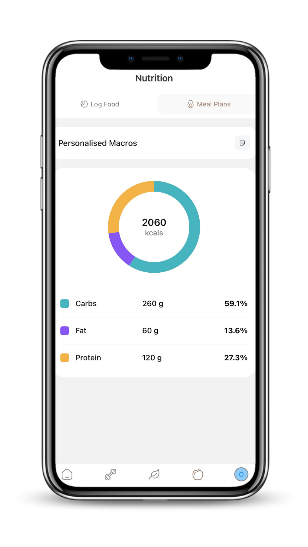 Coaching app nutrition dashboard showing personalised calorie and macronutrient targets.