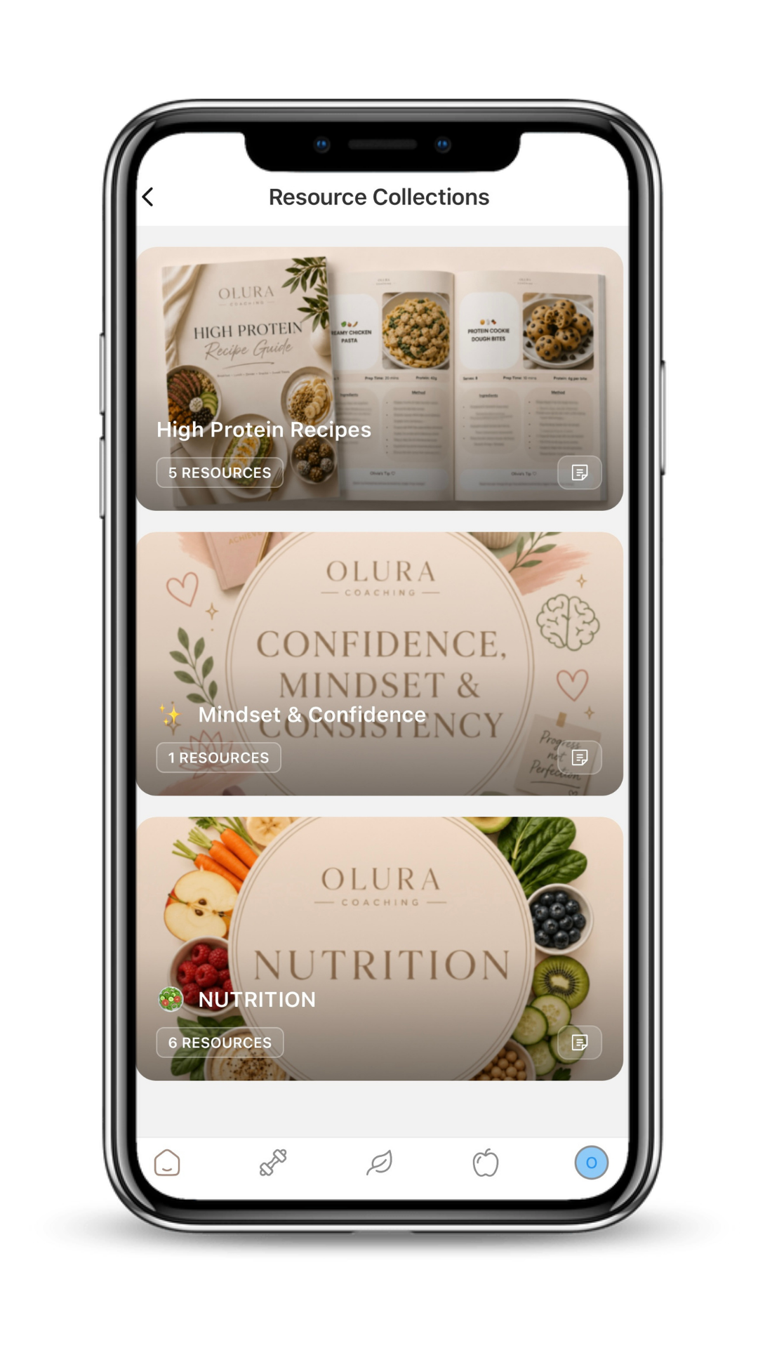 Coaching app resource library with nutrition guides, recipe collections, and mindset resources.