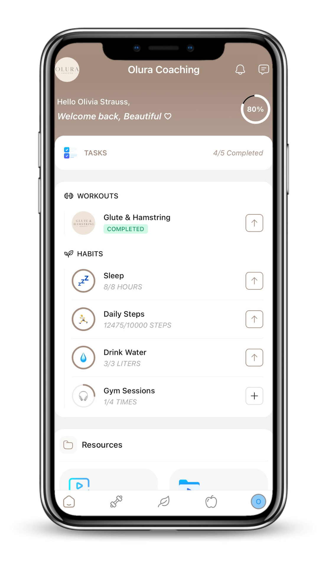 Coaching app dashboard showing workouts, daily habits, progress tracking, and client tasks.