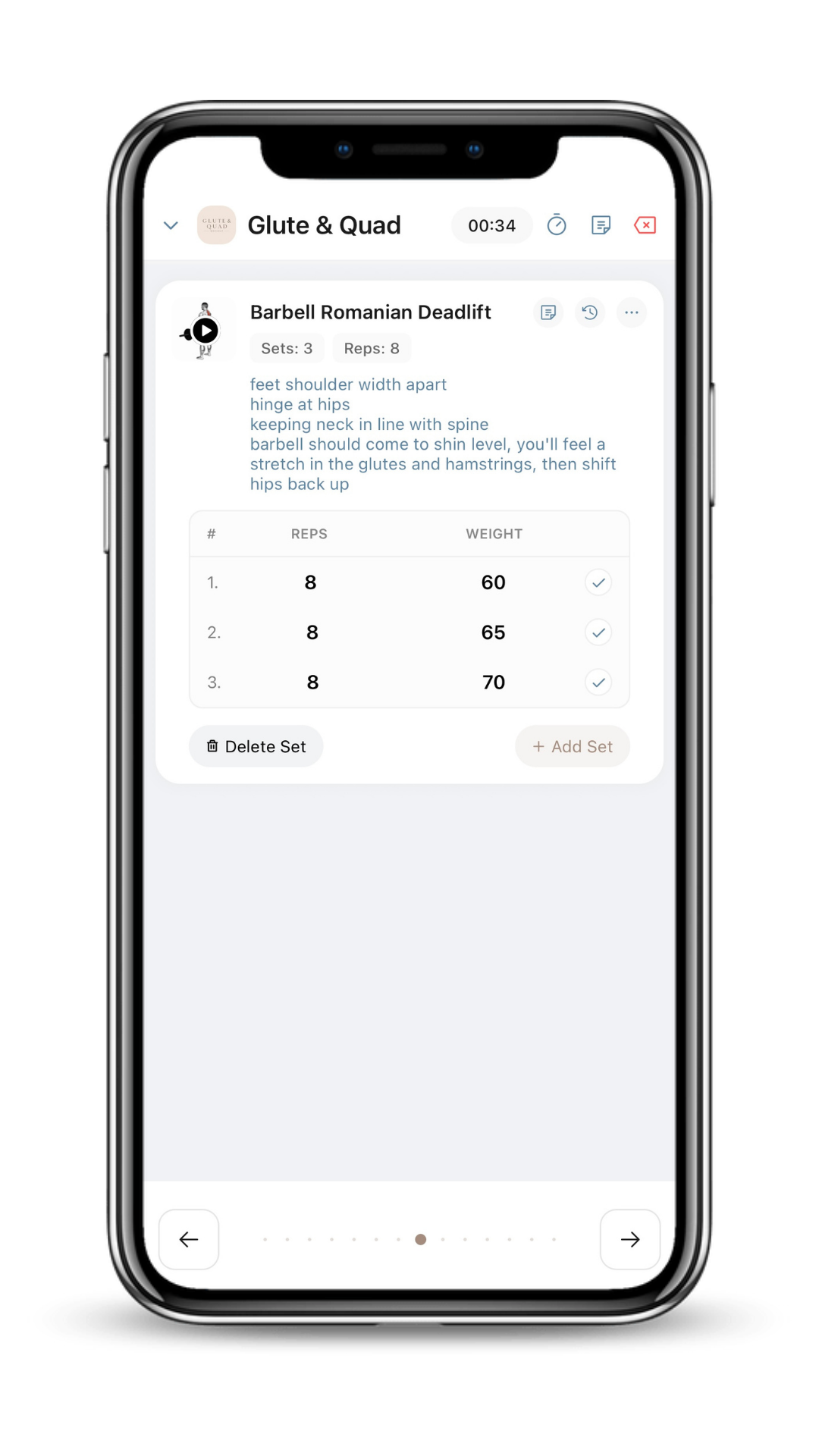 Coaching app workout program displaying exercise instructions, sets, reps, and weights.