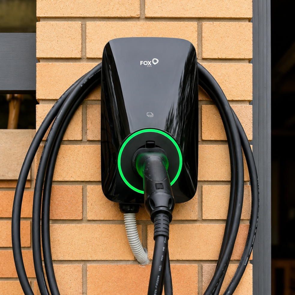 Electric vehicle charging station mounted on a brick wall with charging cables connected.