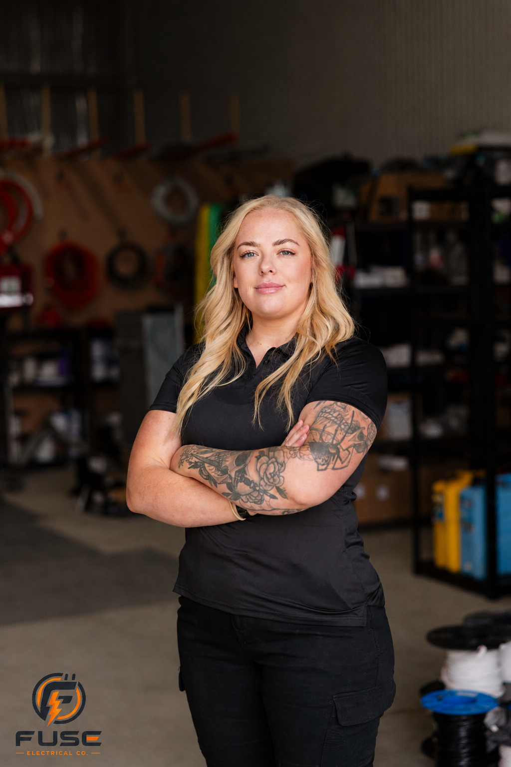 A confident woman with blonde hair, tattoos on her arms, wearing a black shirt, standing with arms crossed in an industrial workshop.