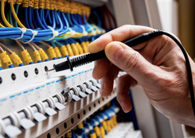 Close-up of a hand using a tester on a panel of a network server rack with colorful wired cables.