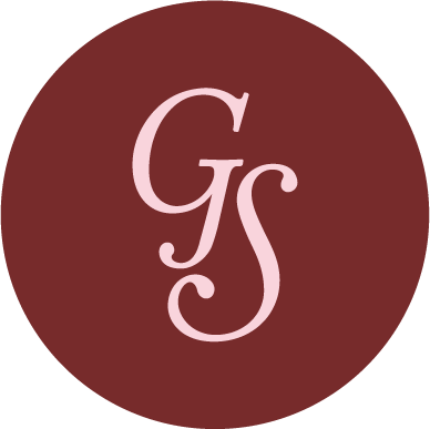 Circular logo with maroon background and stylized pink letters 'GS' in the center.