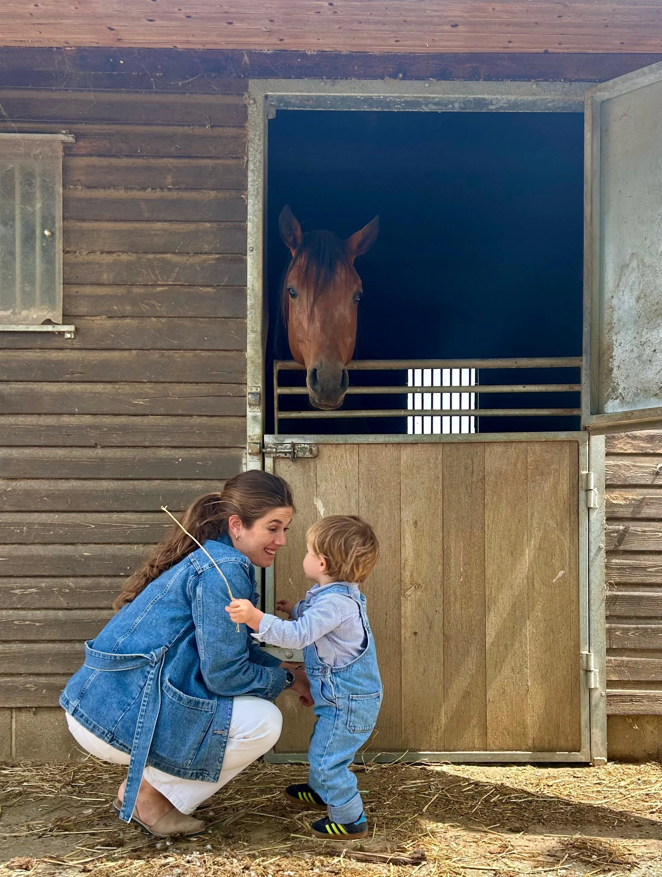 Una mujer y un niño pequeños jugando juntos frente a un establo con una cabeza de caballo asomando desde la ventana