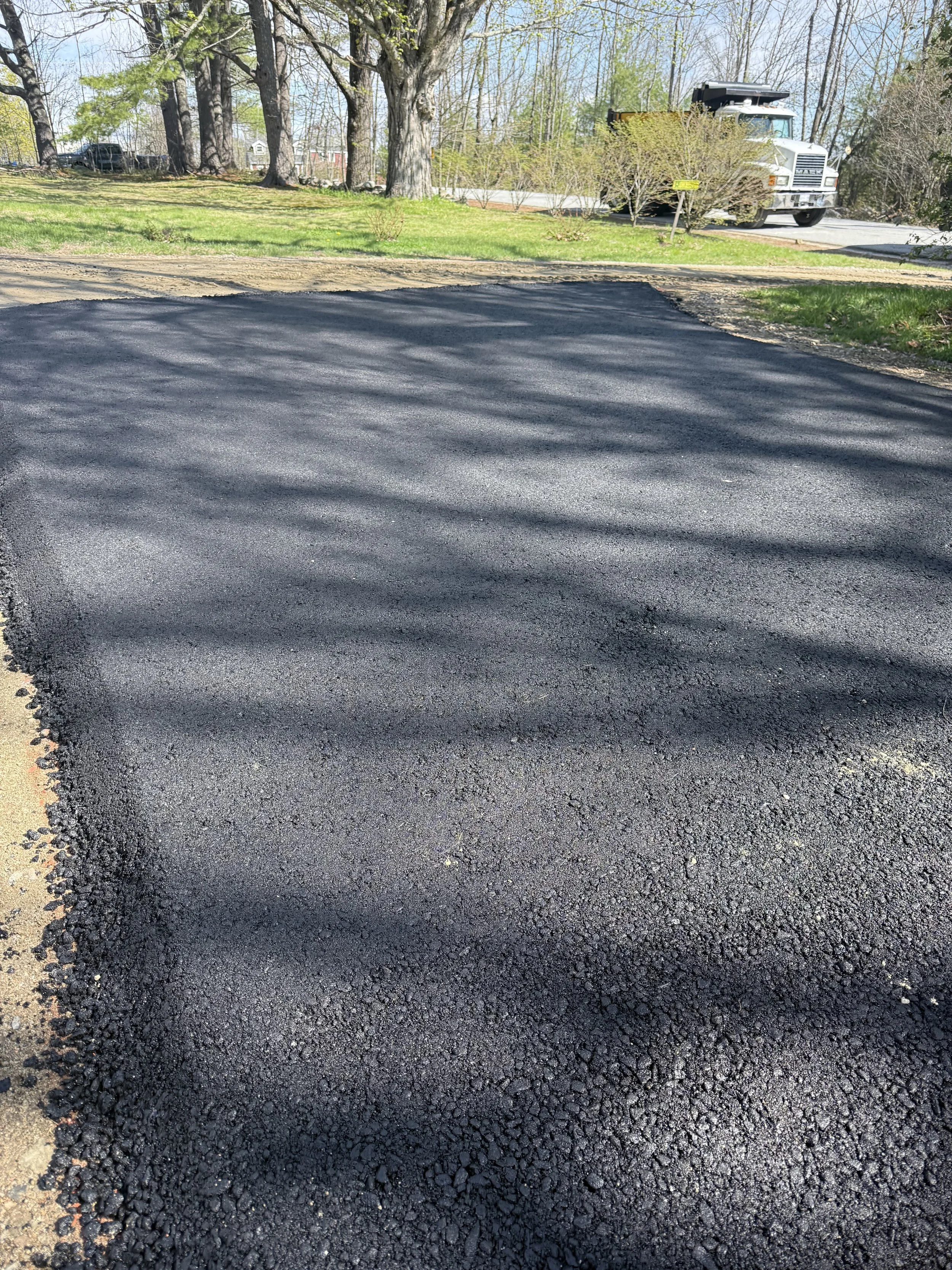 Freshly paved black asphalt driveway in a residential neighborhood with trees and bushes in the background.