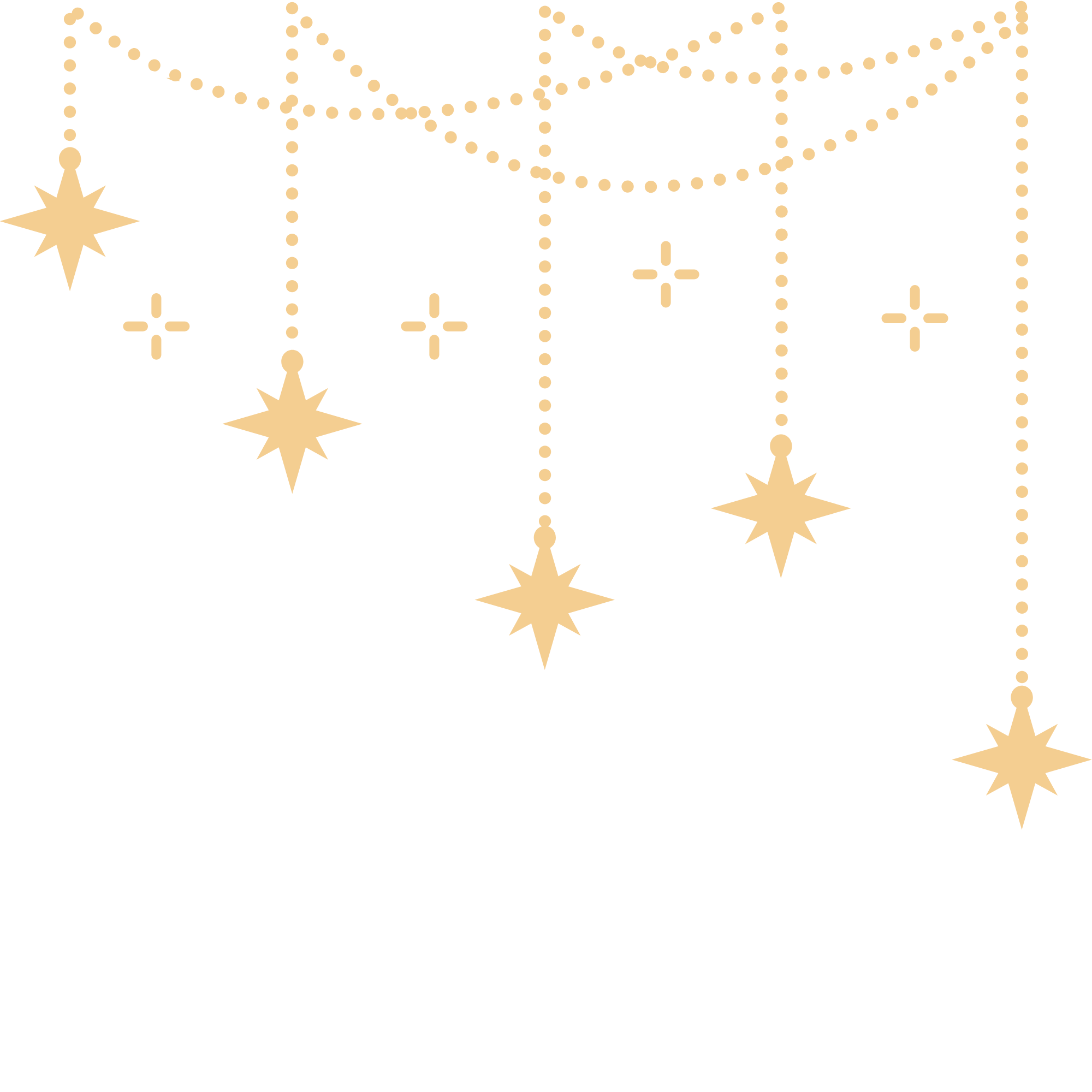 Gold-colored string lights with star-shaped and cross-shaped ornaments hanging from them on a black background.