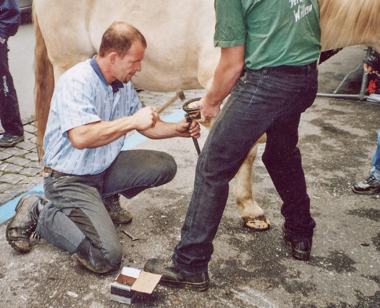 Zwei Männer, die an einem Pferd arbeiten, um es zu beschlagen. Einer kniet, um die Hufe des Pferdes zu bearbeiten, während der andere die Beschlagsarbeiten durchführt.