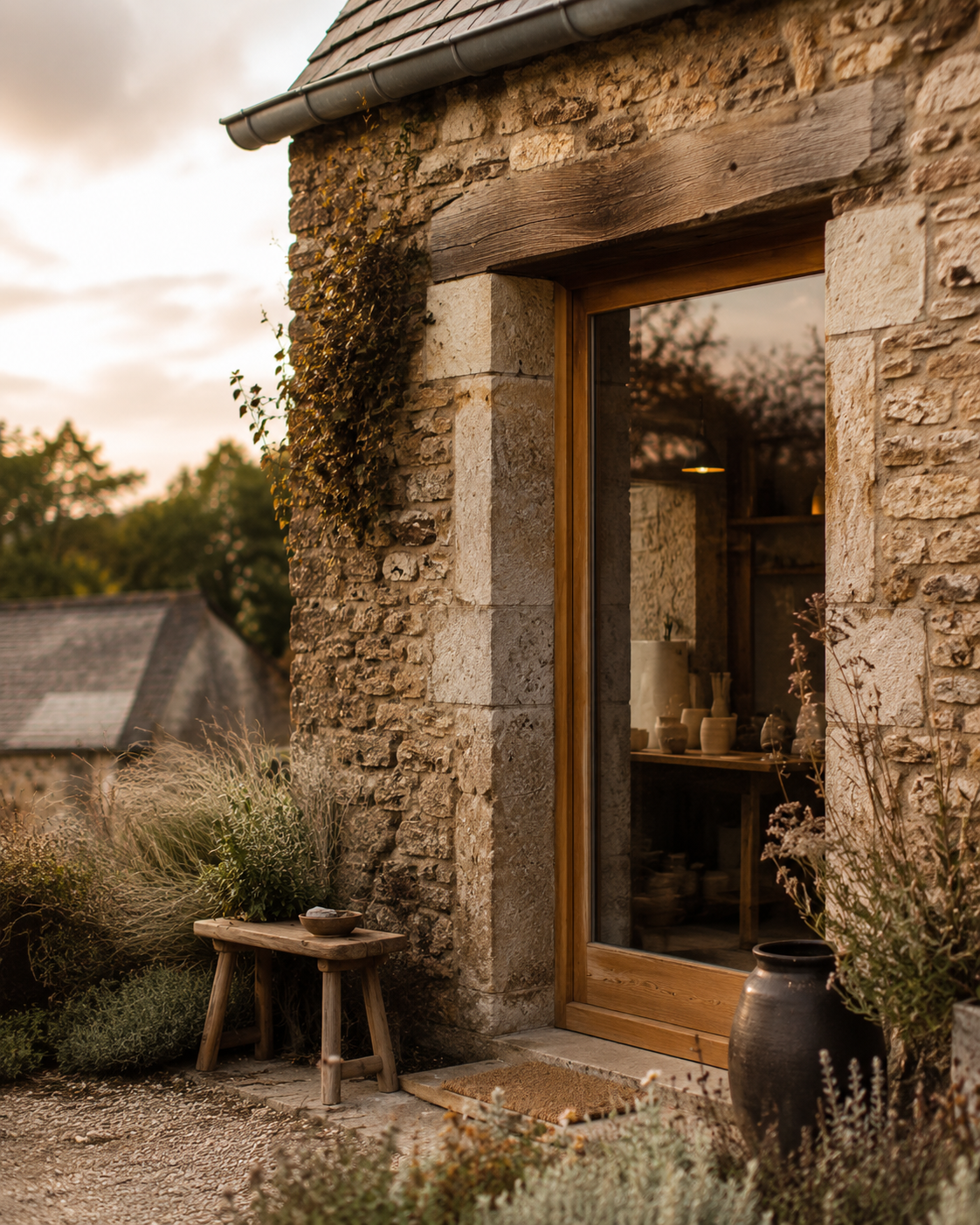 Une porte en bois avec une grande vitre donnant sur un intérieur rustique. Autour, des plantes ornementales et un petit banc en bois à gauche.