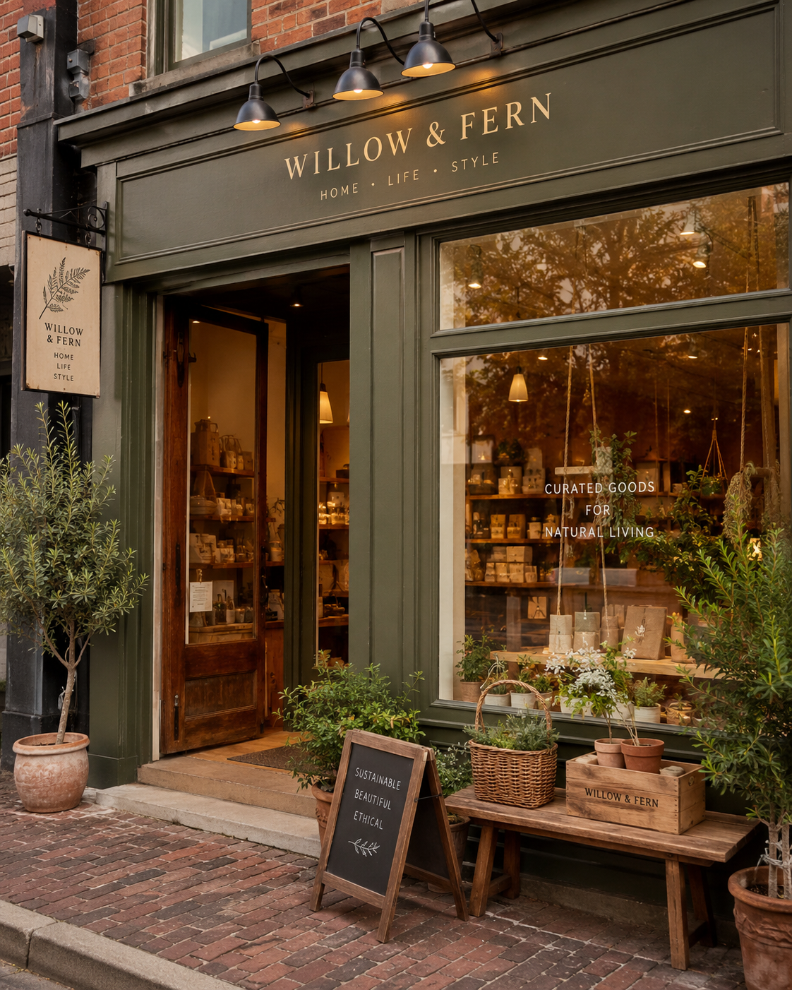 Vitrine d'une boutique nommée Willow & Fern, spécialisée dans la décoration intérieure, la vie et le style de vie, avec des plantes, des paniers et des objets décoratifs en bois à l'extérieur.