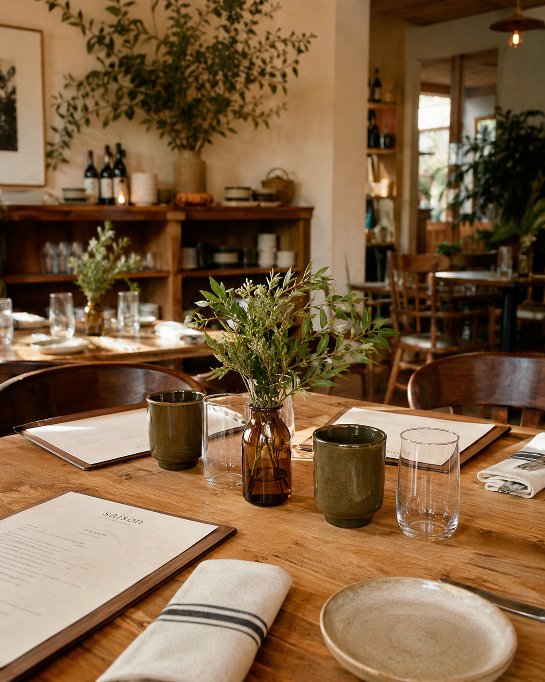 Une table de restaurant en bois avec des verres, des tasses, un vase avec des feuilles vertes, et des menus. En arrière-plan, des étagères en bois avec de la vaisselle et des bouteilles, dans un intérieur chaleureux et décoré avec des plantes vertes.
