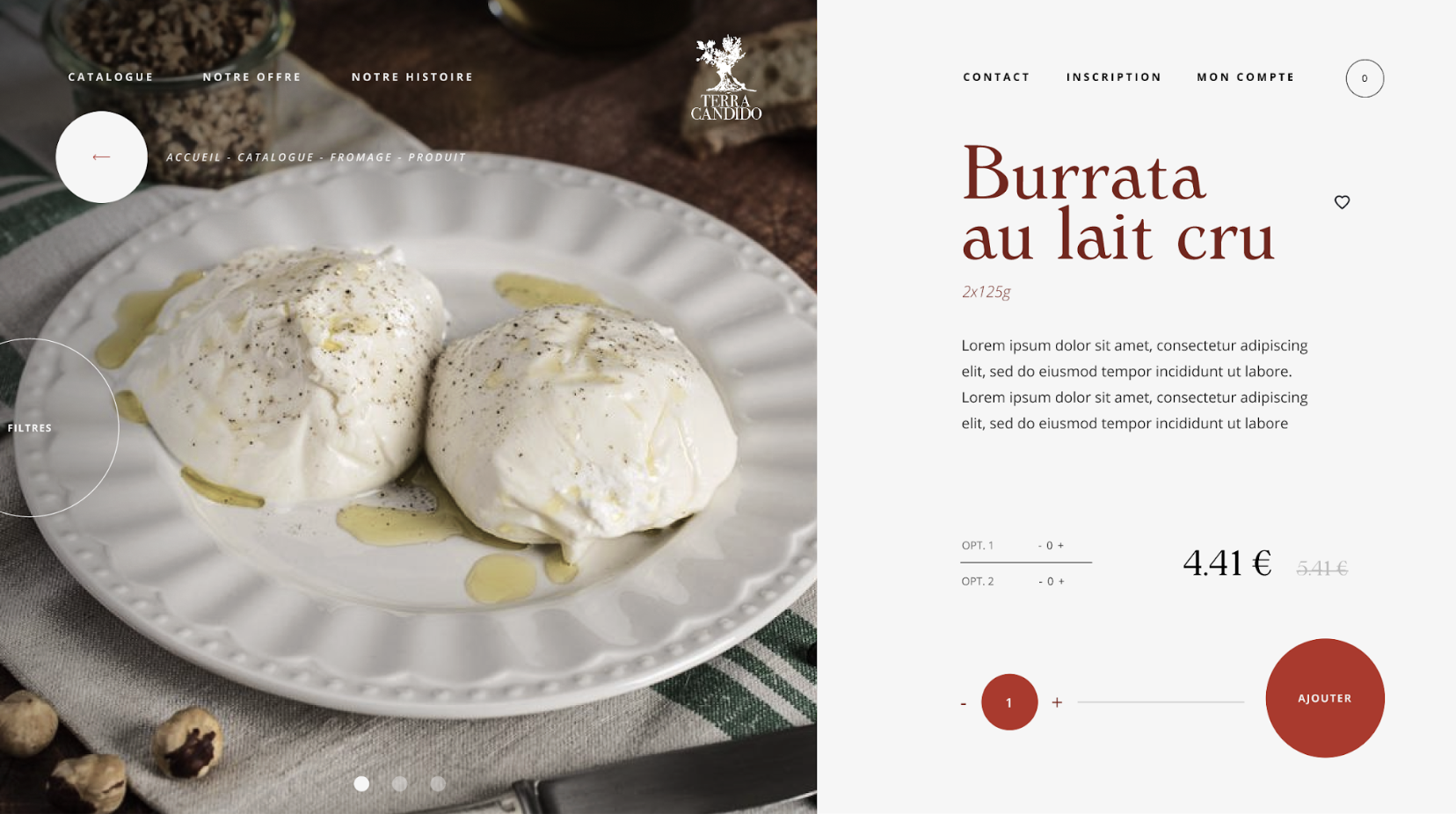 Deux boules de burrata au lait cru sur une assiette blanche, arrosées d'huile d'olive et saupoudrées de poivre, dans une présentation de menu en ligne de produit alimentaire.