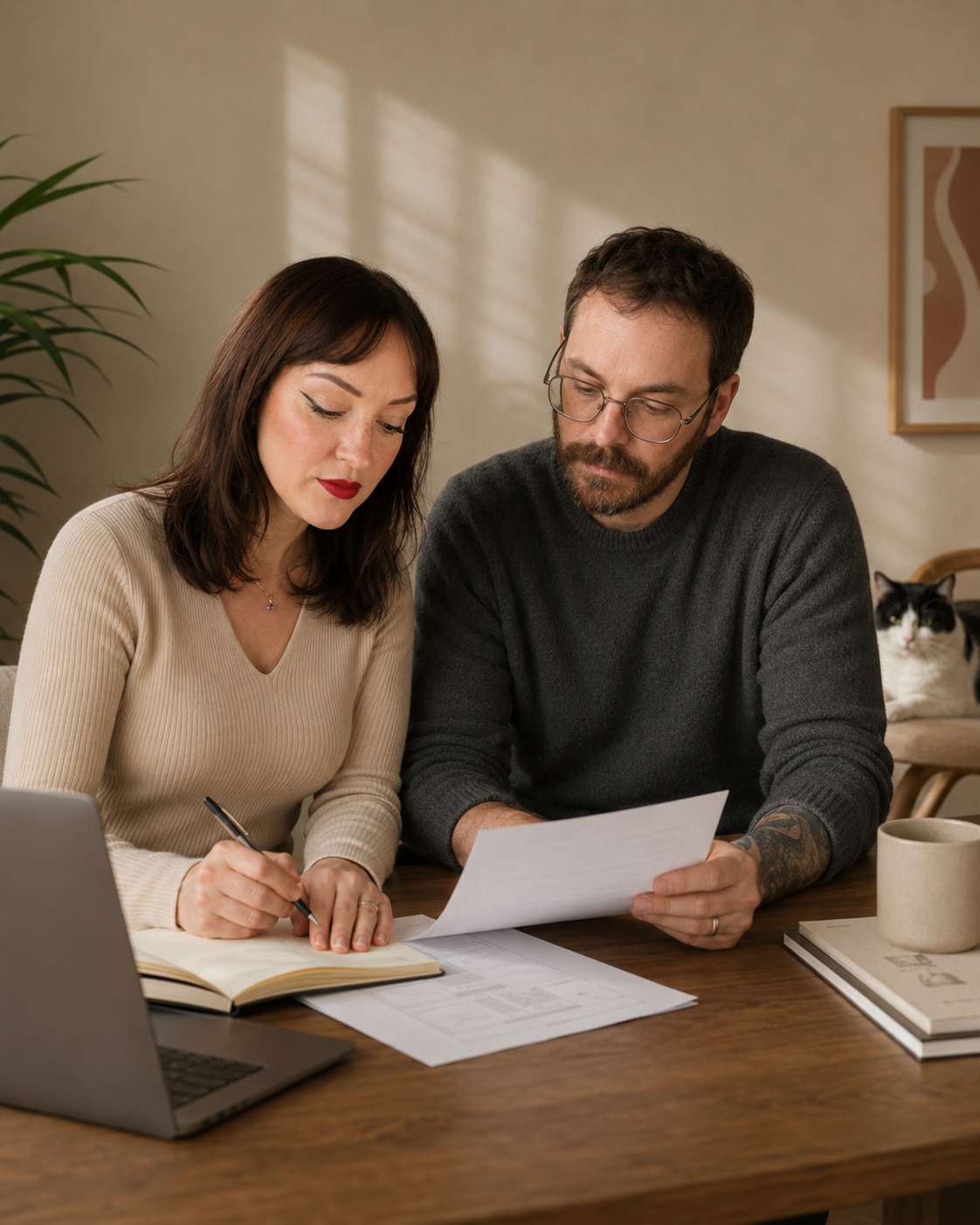 Deux personnes, un homme et une femme, discutent de documents à une table, avec un ordinateur portable et des livres, dans un intérieur avec un chat en arrière-plan.