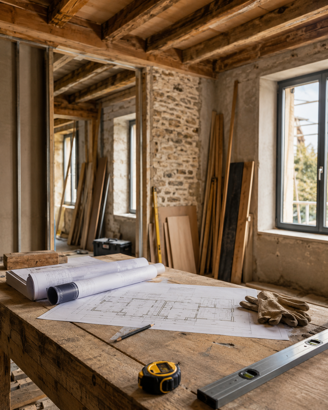 Intérieur en construction avec plans, rouleaux de papier, outils et matériaux de construction sur une table en bois, murs en pierre et fenêtres modernes