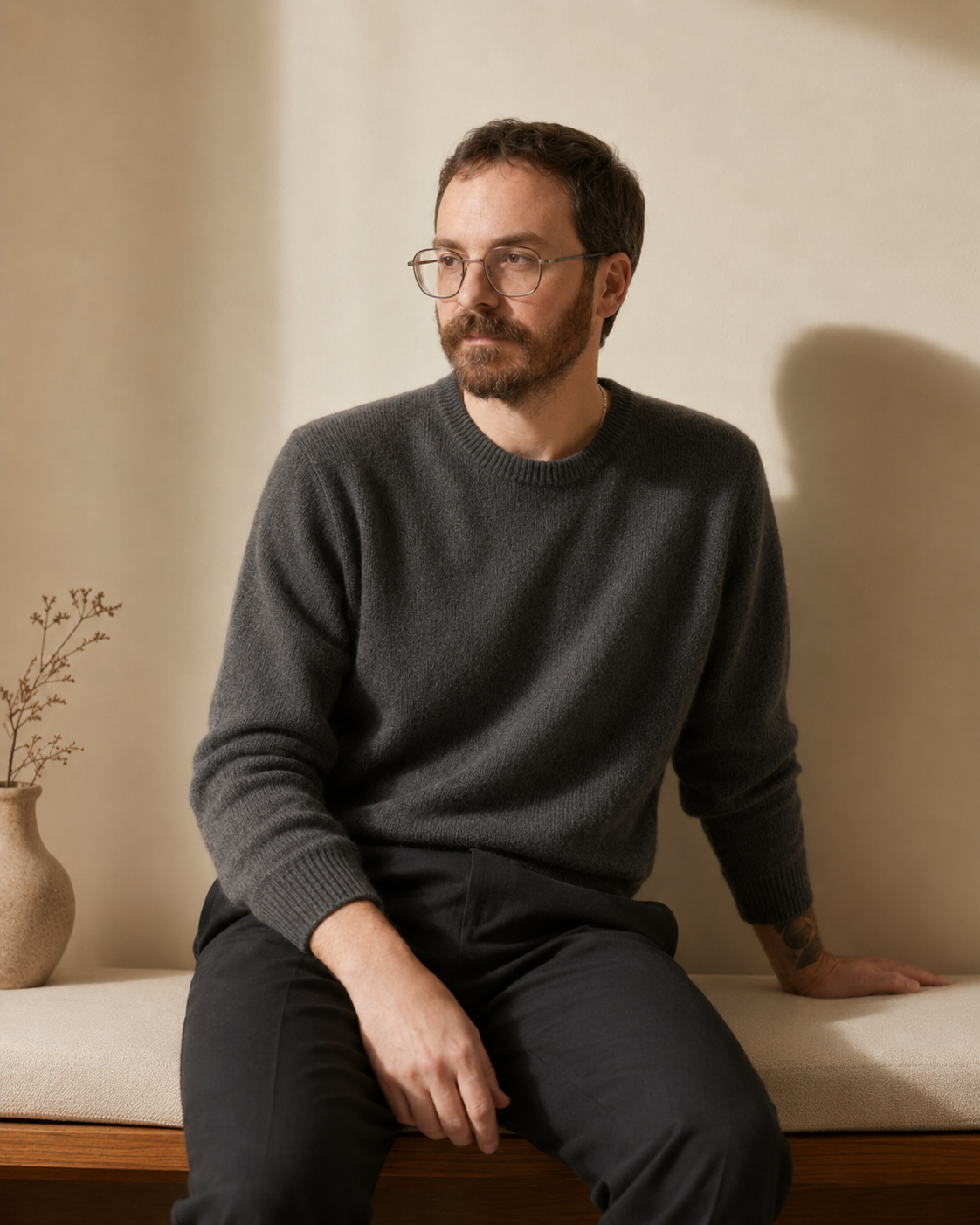 Un homme avec une barbe et des lunettes, portant un pull gris foncé, assis sur un banc beige contre un mur clair, à côté d'un vase avec des branches sèches.