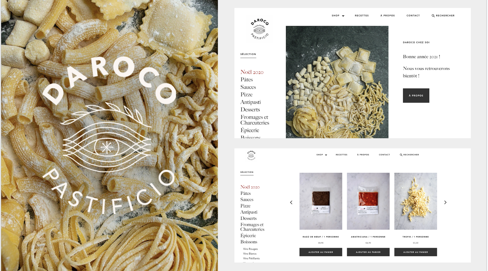 Page web d'une épicerie en ligne spécialisée dans les pâtes faites maison, avec différentes variétés de pâtes en produits et menu de navigation.