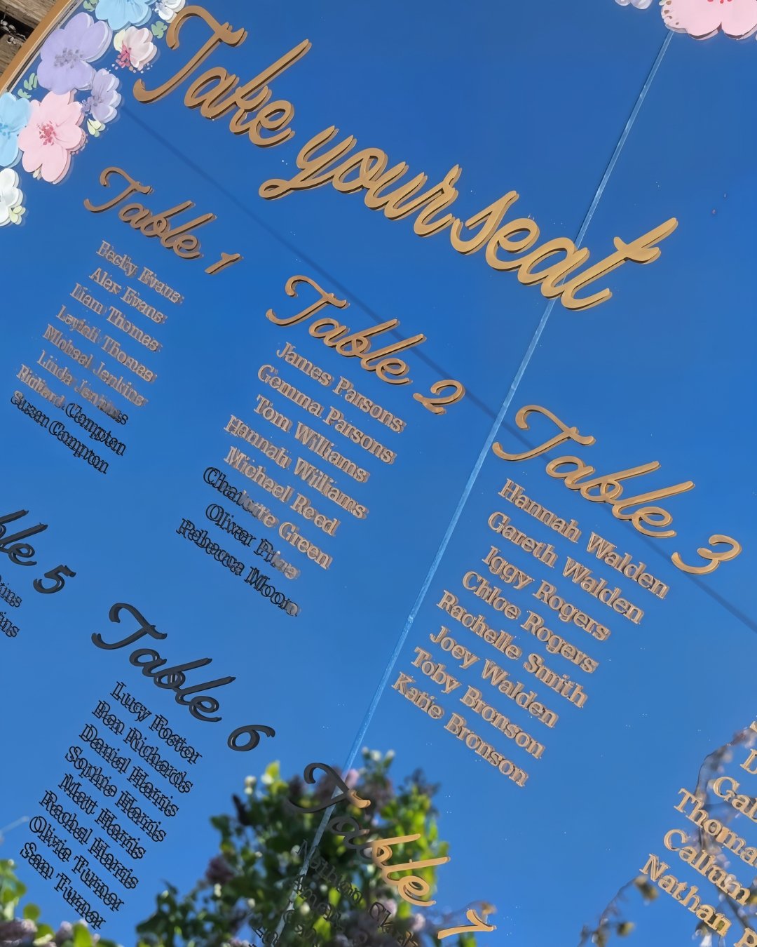 A mirror with painted flowers on it.  There's gold text on the mirror saying "Take your seat", followed by several tables and names of guests.