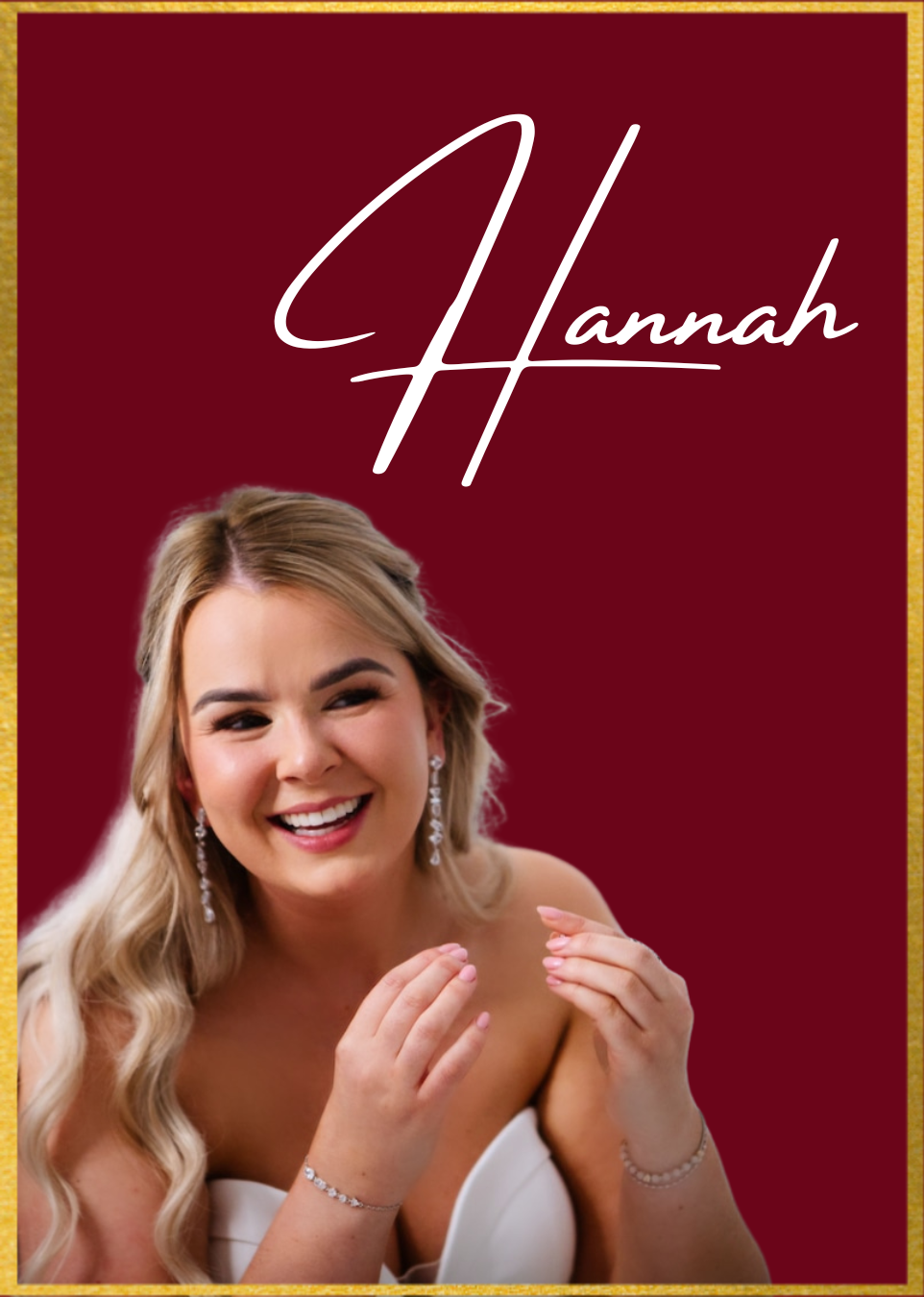 A smiling bride with long wavy blonde hair, wearing a wedding dress, jewelry, and earrings.
