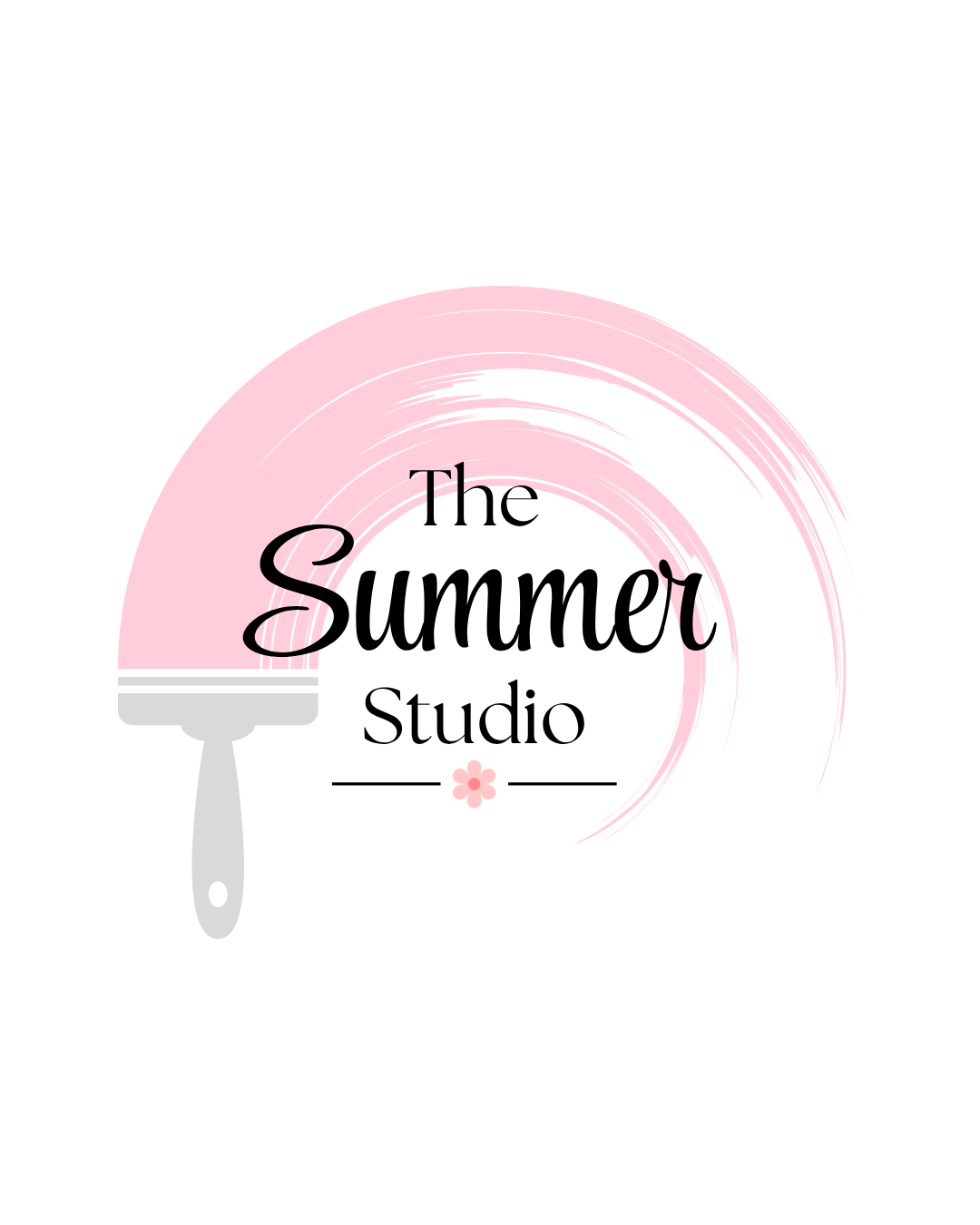 Decorative logo with a pink paintbrush stroke creating a semi-circle, black text reading 'The Summer Studio', and a small pink flower at the bottom.