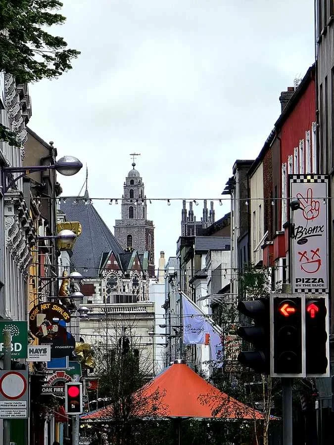 The Shandon Bells tower framed down Princes Street, Cork