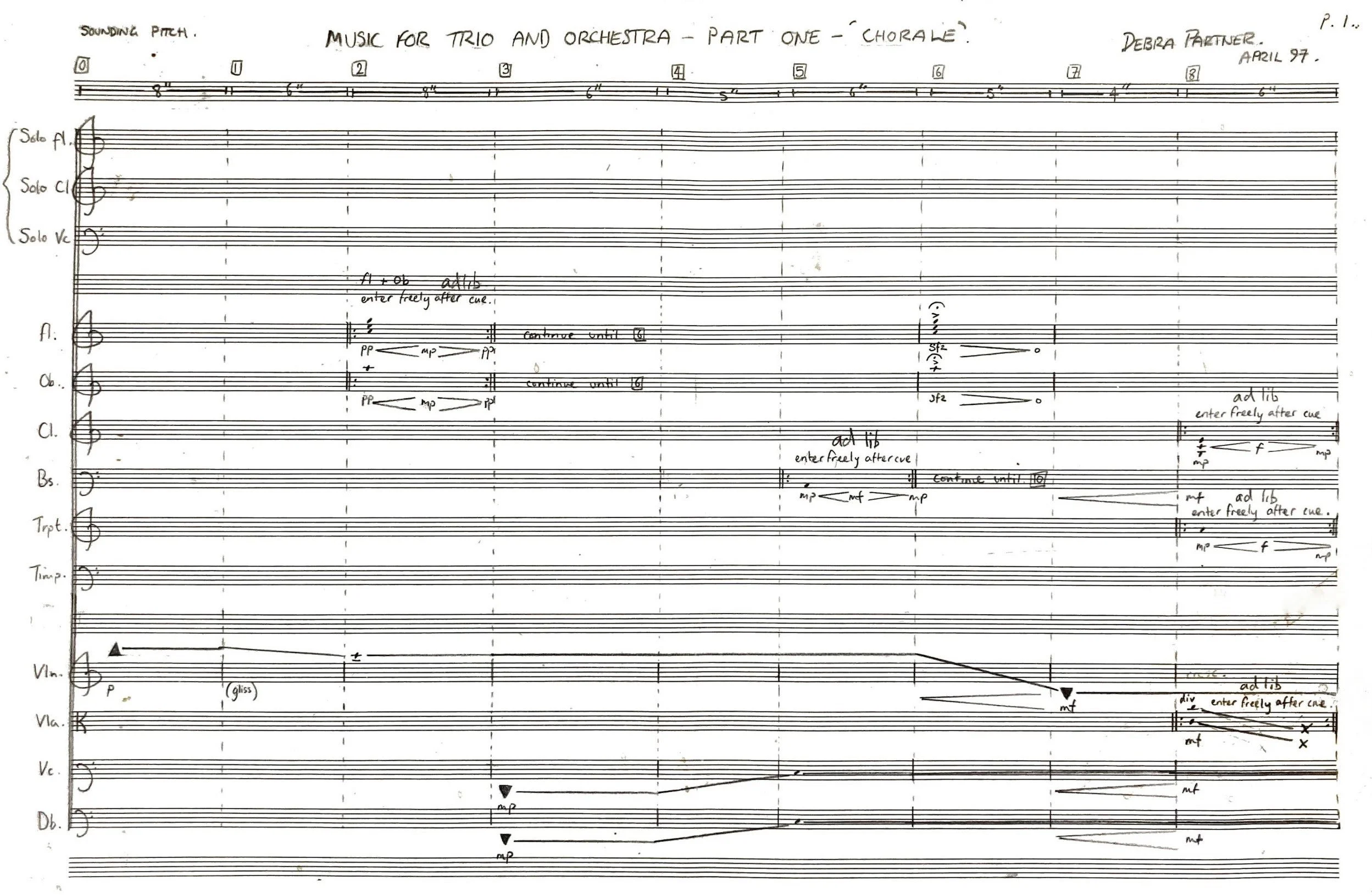 Handwritten musical score titled 'Music for Trio and Orchestra - Part One - Chorale,' with annotations, dynamics, and instructions, dated April 97, by Debra Partner (Page), with various staves labeled for different instruments.