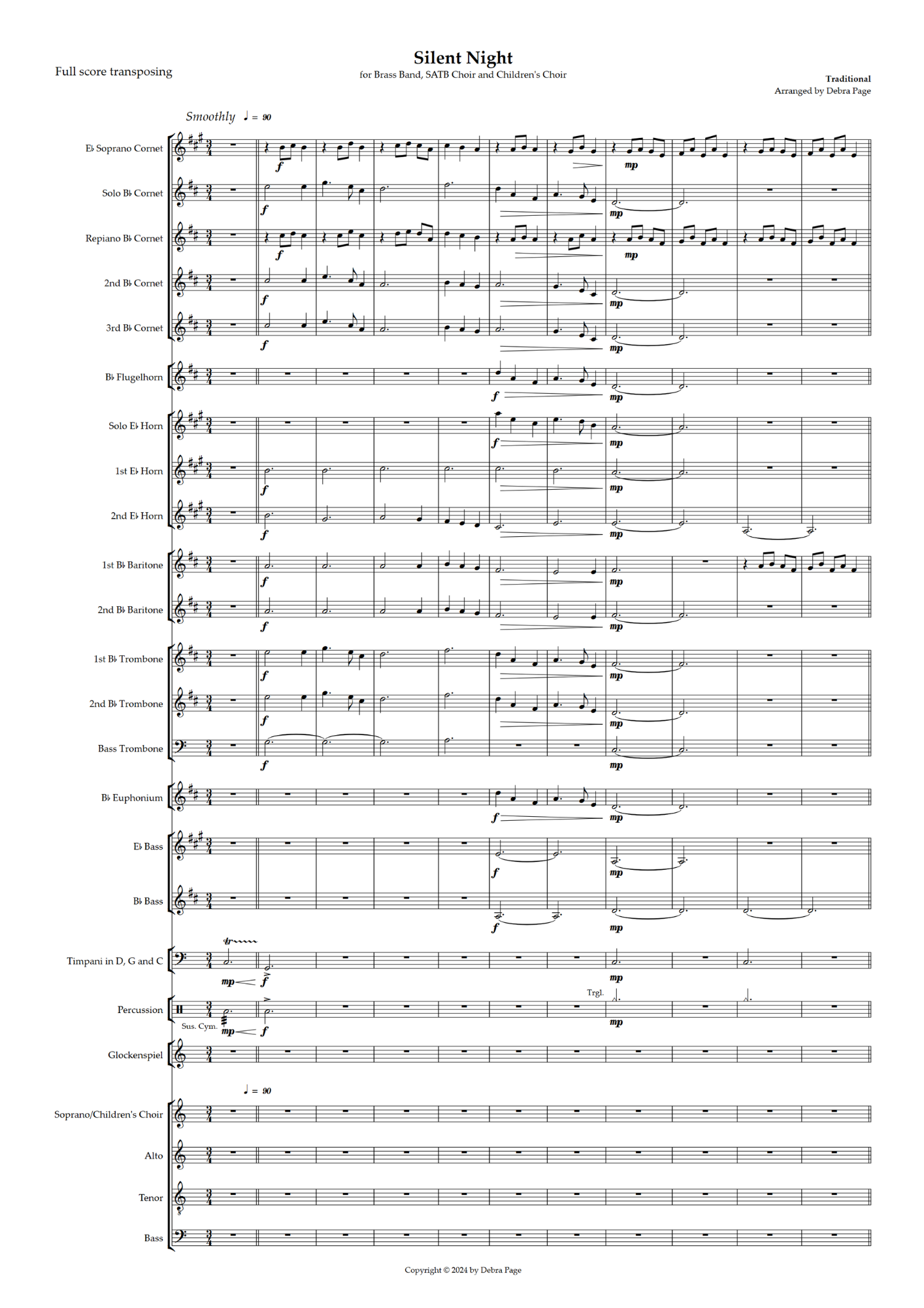 Sheet music titled 'Silent Night' arranged for brass band, SATB choir, and children's choir, with musical notation and instructions.