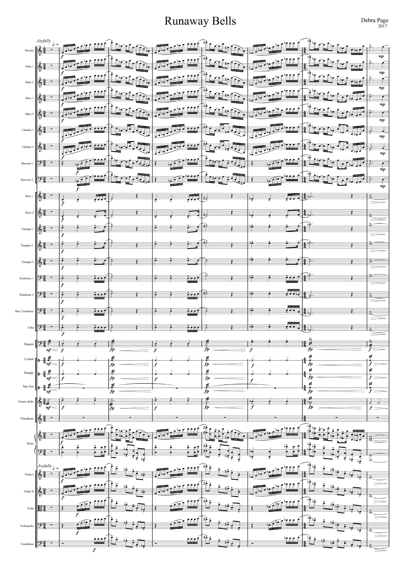 Sheet music titled 'Runaway Bells' by Debra Page, published in 2017, featuring musical notation for various instruments.