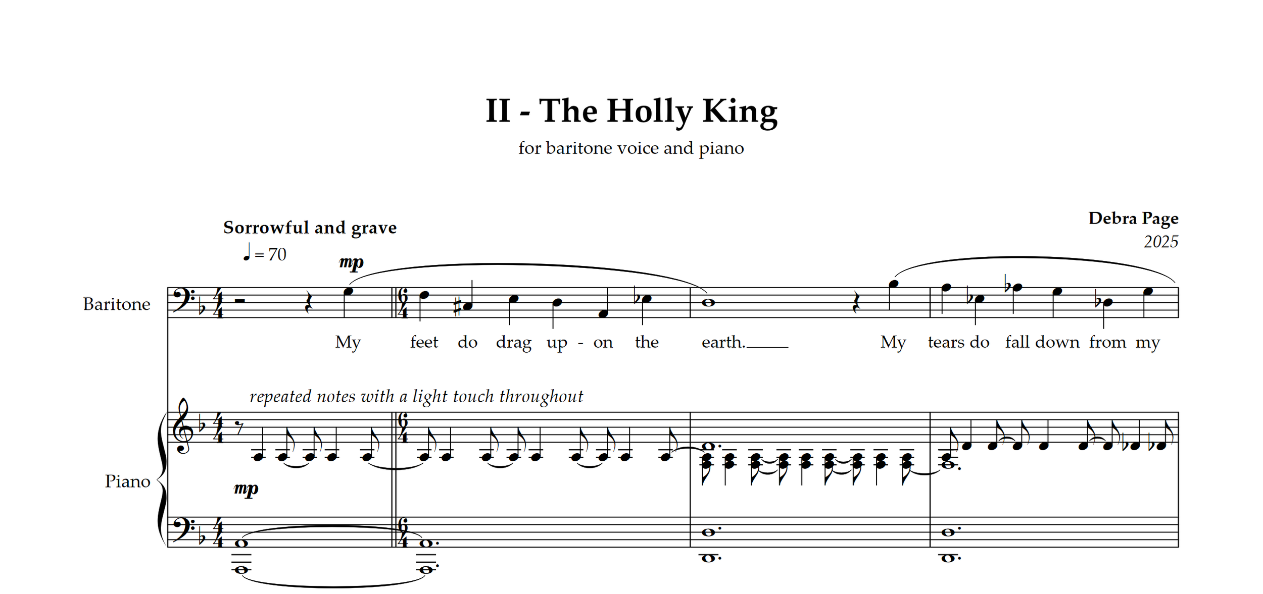 Sheet music for a song titled 'II - The Holly King' composed by Debra Page in 2025, arranged for baritone voice and piano, with the tempo marking 'Sorrowful and grave' and a metronome marking of quarter note = 70.