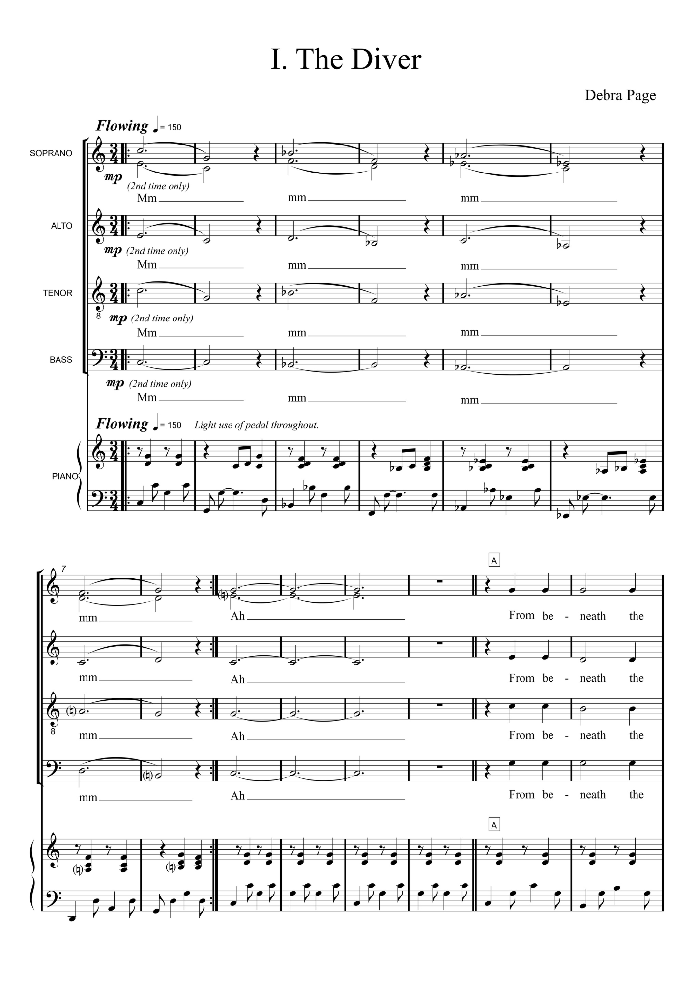 Music sheet titled 'I. The Diver' by Debra Page, with vocal and piano parts, marked 'Flowing' at the beginning, containing notes for soprano, alto, tenor, bass, and piano.