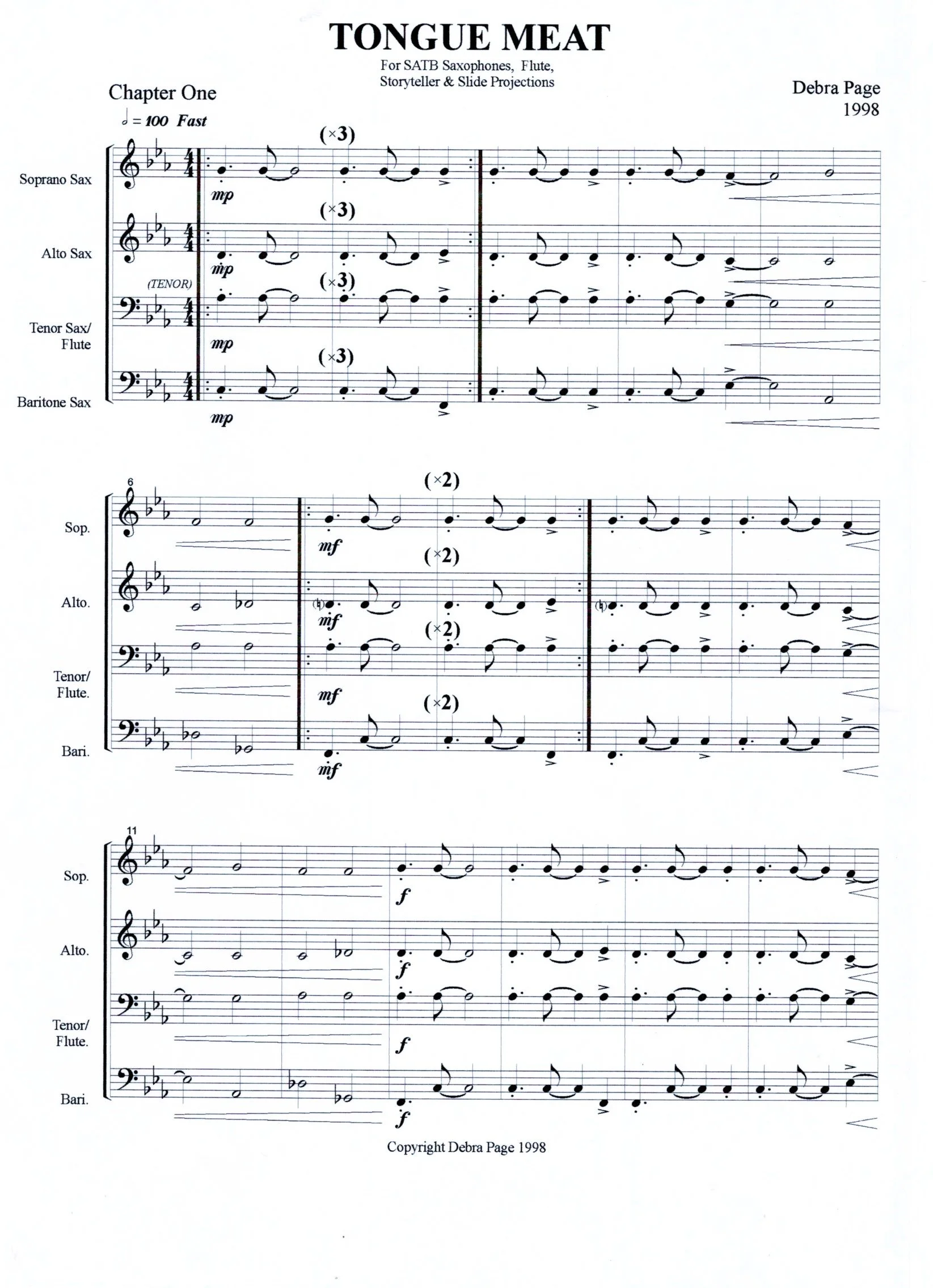 A sheet of musical notation for saxophones, flute, and other wind instruments titled 'Tongue Meat,' composed by Debra Page in 1998, featuring various musical notes, dynamics, and rehearsal markings.