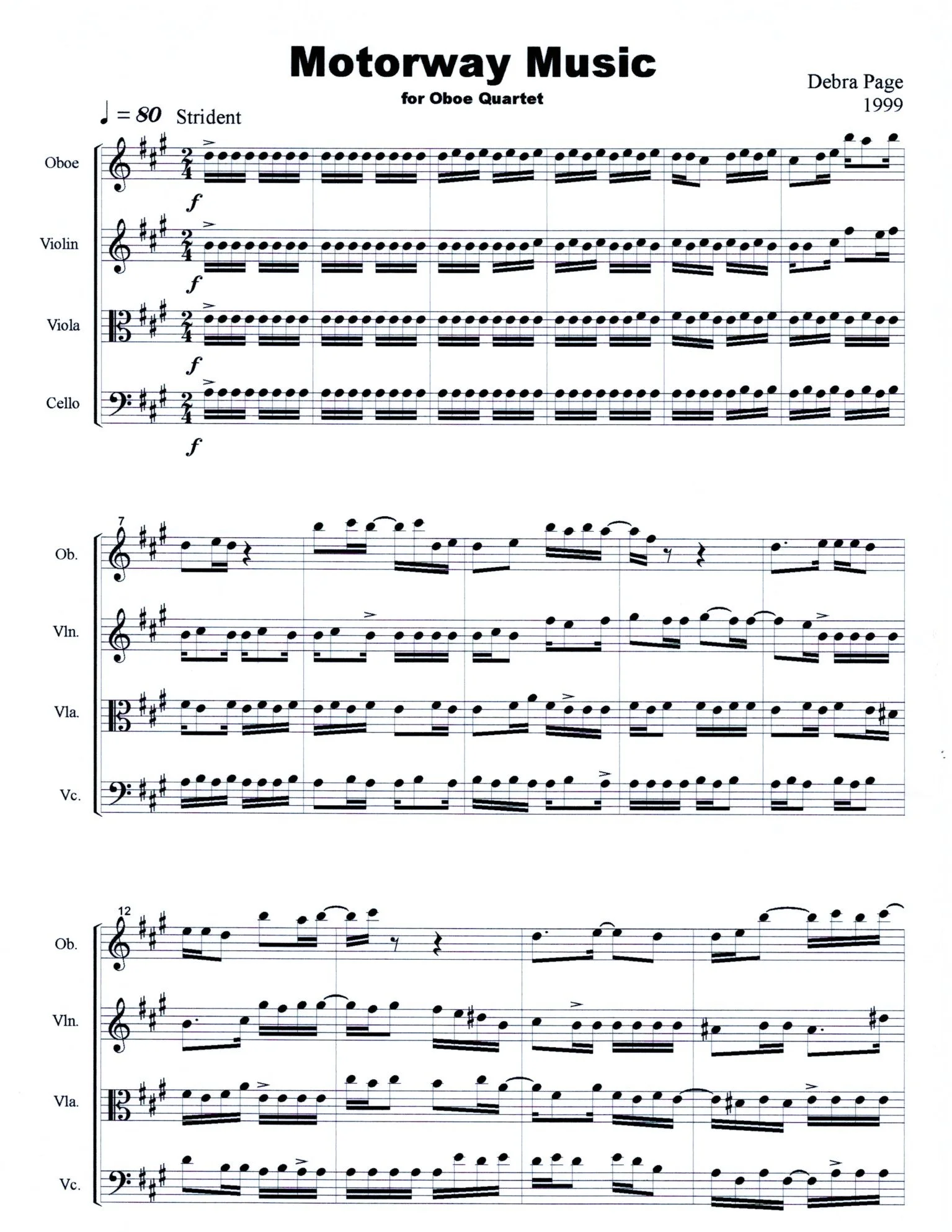 Sheet music titled 'Motorway Music' by Debra Page, composed in 1999 for oboe quartet, featuring musical notes and notation for four instruments: oboe, violin, viola, and cello.