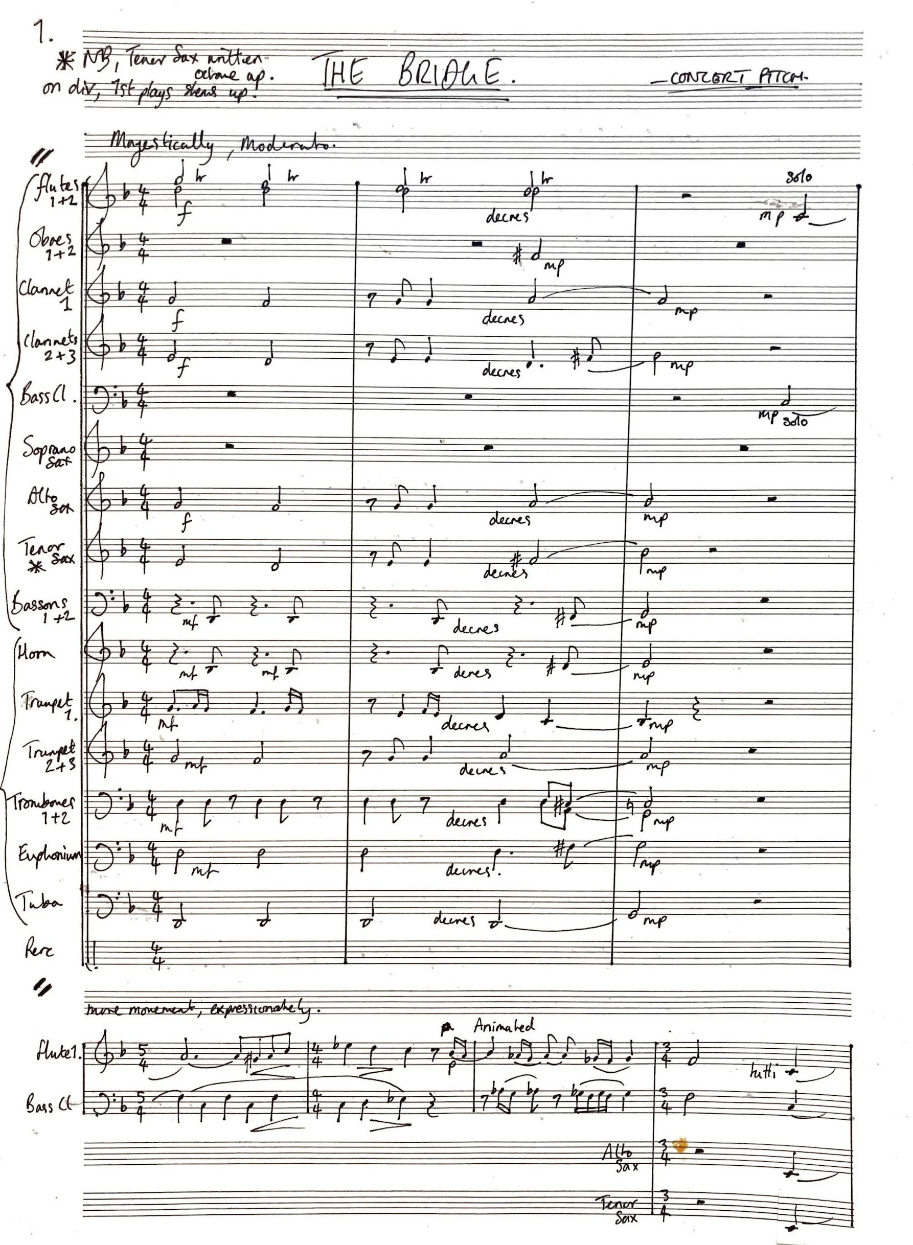 Handwritten orchestral sheet music titled "The Bridge" with parts for various instruments including flute, oboe, clarinet, bass clarinet, soprano saxophone, alto saxophone, tenor saxophone, baritone saxophone, trumpets, trombones, euphonium, tuba, and bass. Notations indicate dynamics, decrescendo, and expressive markings.