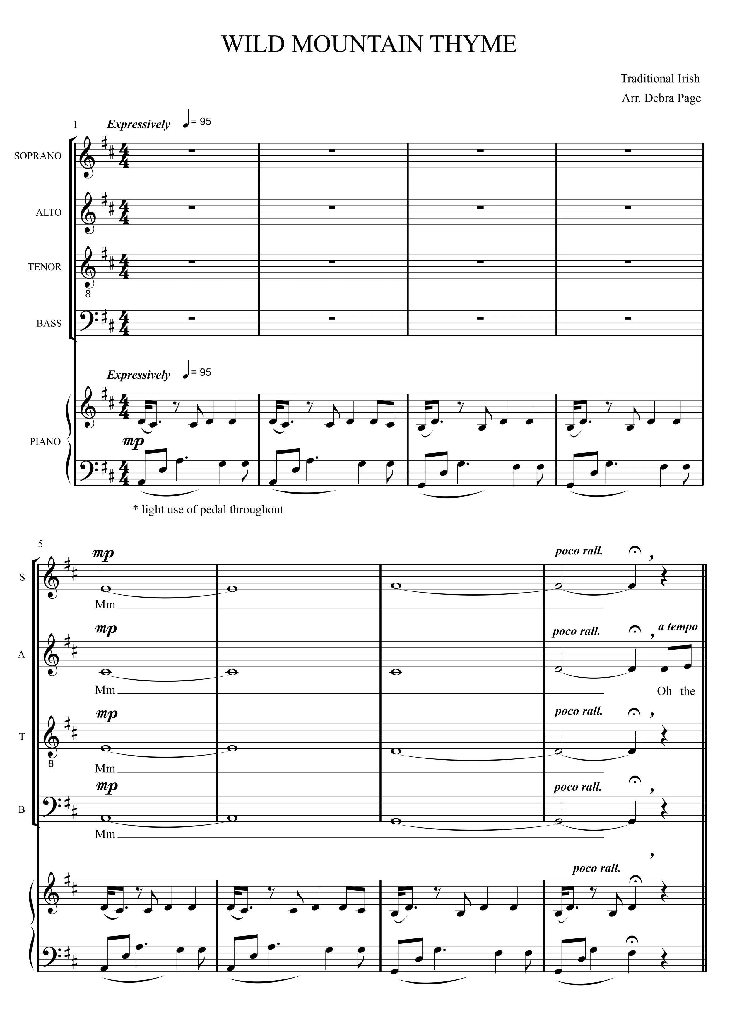 Sheet music titled 'Wild Mountain Thyme' arranged by Debra Page, featuring multiple musical staves for voice and piano with musical notes, symbols, and performance instructions.
